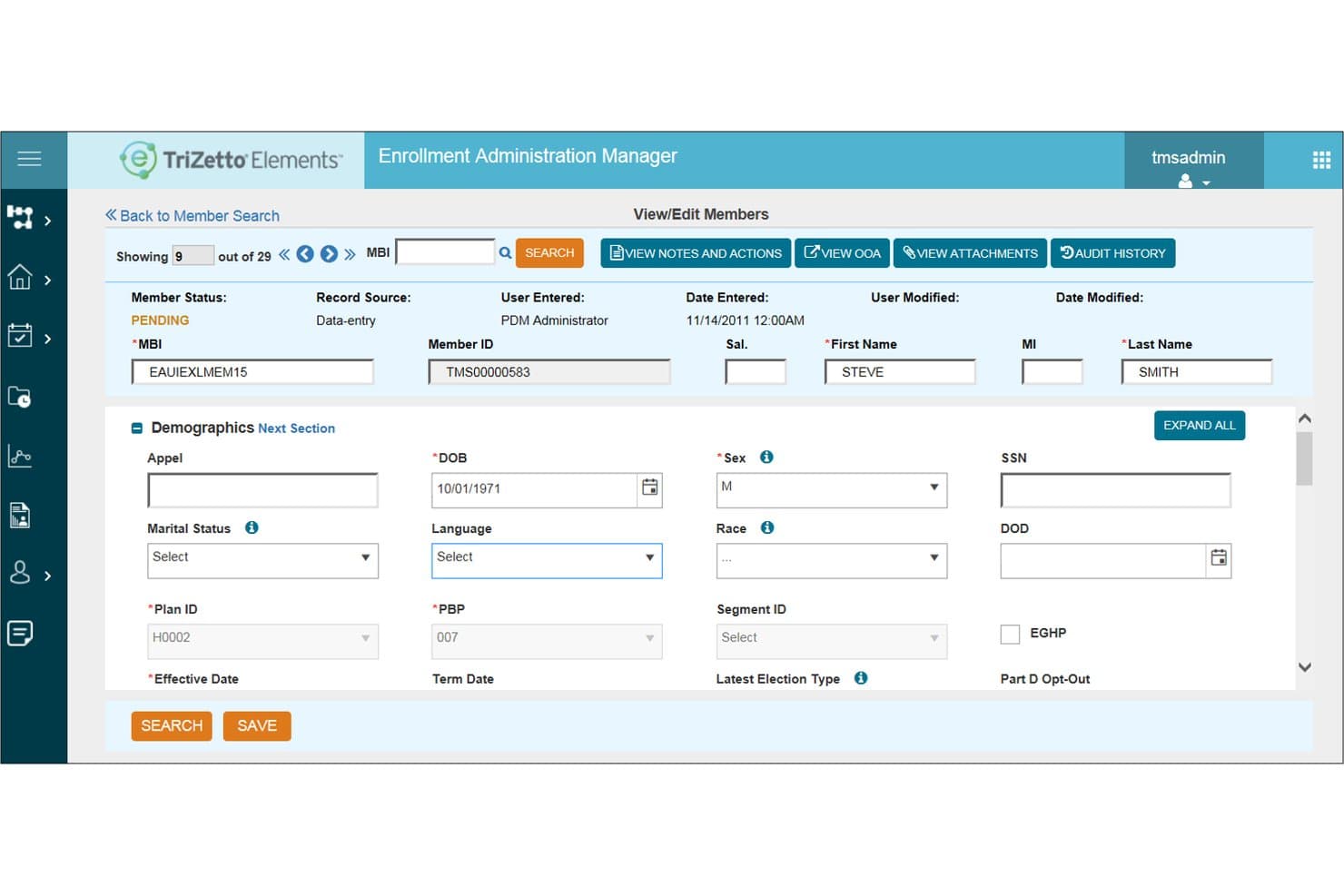TriZetto Elements Enrollment Administration Manager showing member demographics form with pending status.