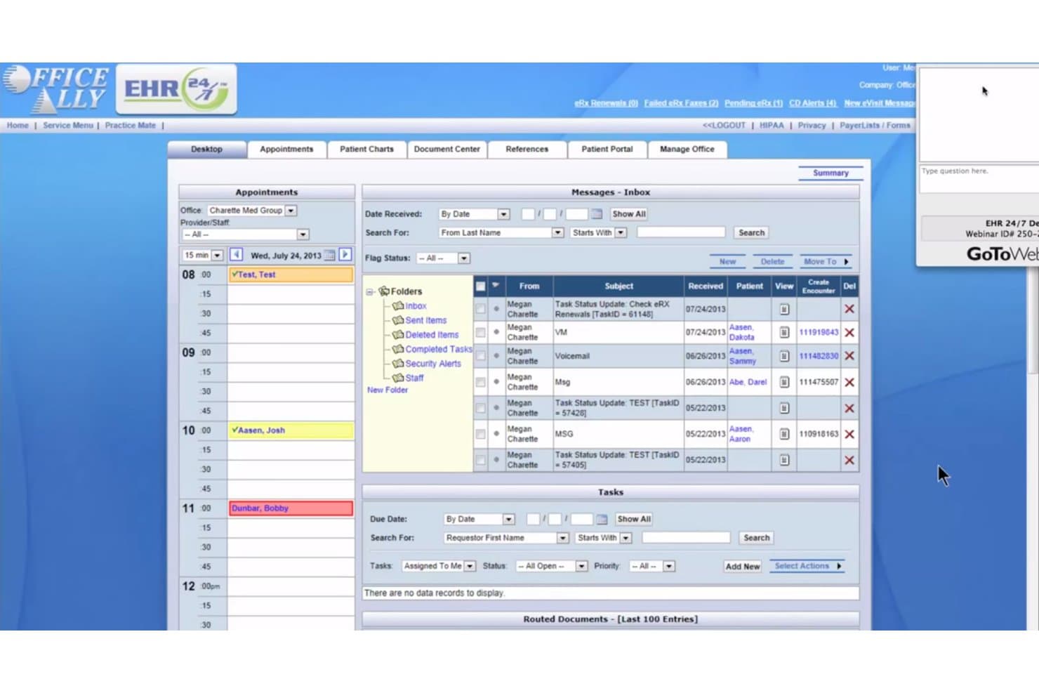 Office Ally EHR op desktop met afspraken, inboxberichten en een takenpaneel.
