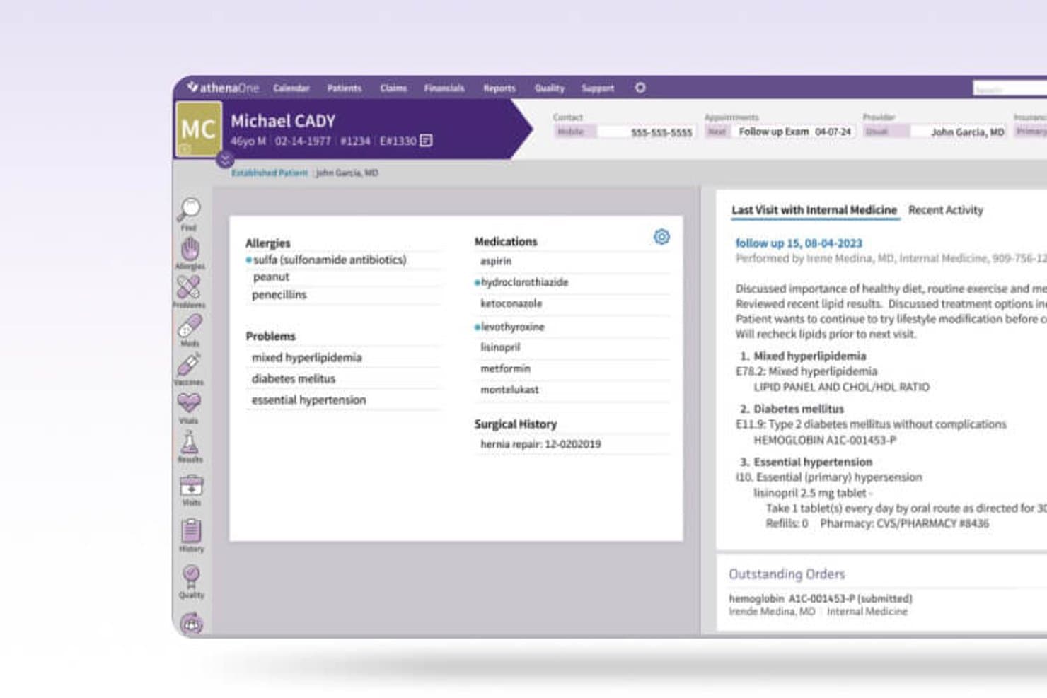 EPD-patiëntendossier van Athenahealth met medicatie, allergieën, problemen en recente bezoeknotities.