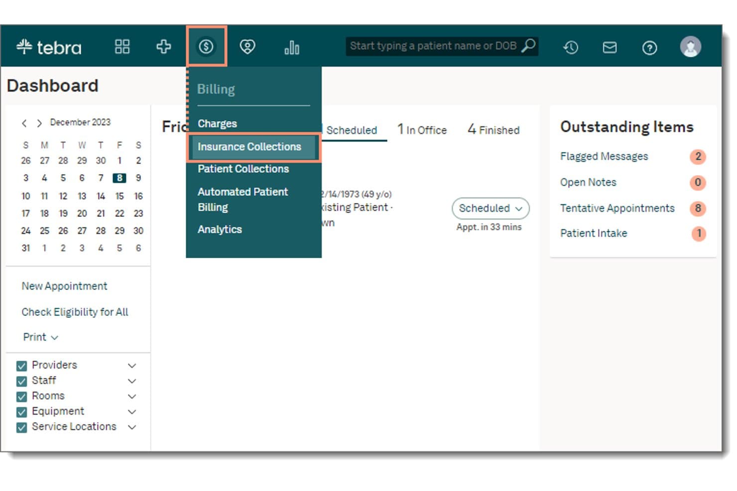 Tebra-dashboard met het vervolgkeuzemenu Facturering, waarin de optie Verzekeringsinning is gemarkeerd.