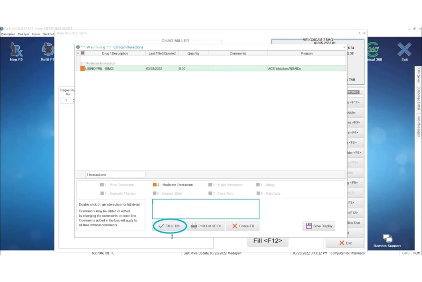 Apotheeksoftware van Computer-Rx met een waarschuwing voor een klinische geneesmiddeleninteractie tussen Meloxicam en Lisinopril, met opties voor Verstrekken en Annuleren.