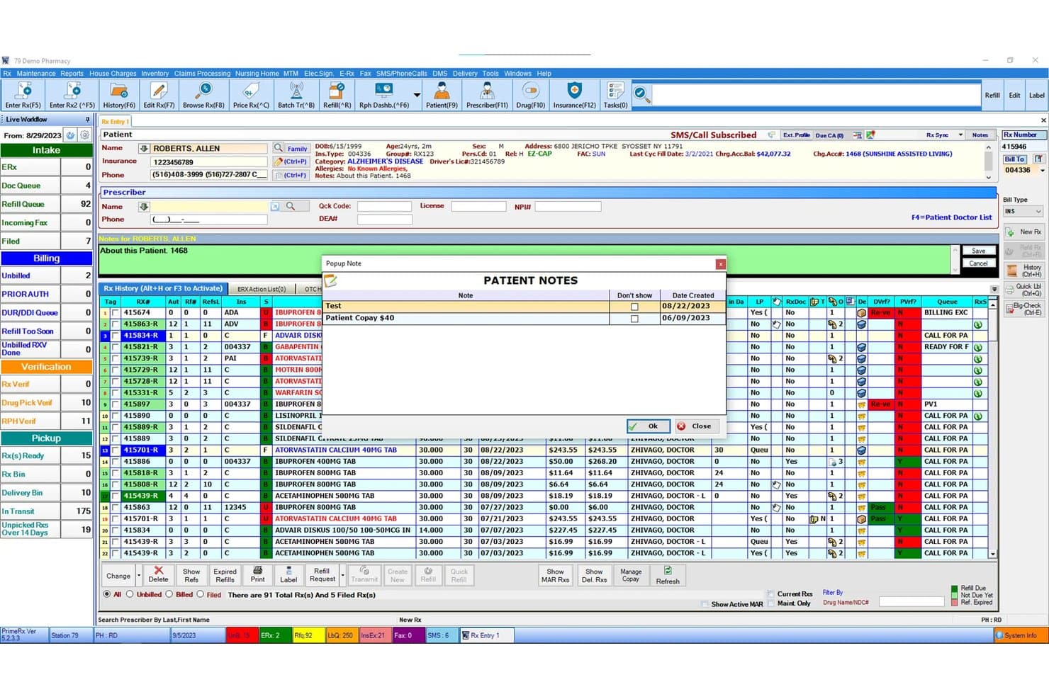 PrimeRx-apotheekdashboard met patiëntgegevens, receptgeschiedenis, wachtrijen voor herhaalrecepten, facturering en medicatiewerkproces