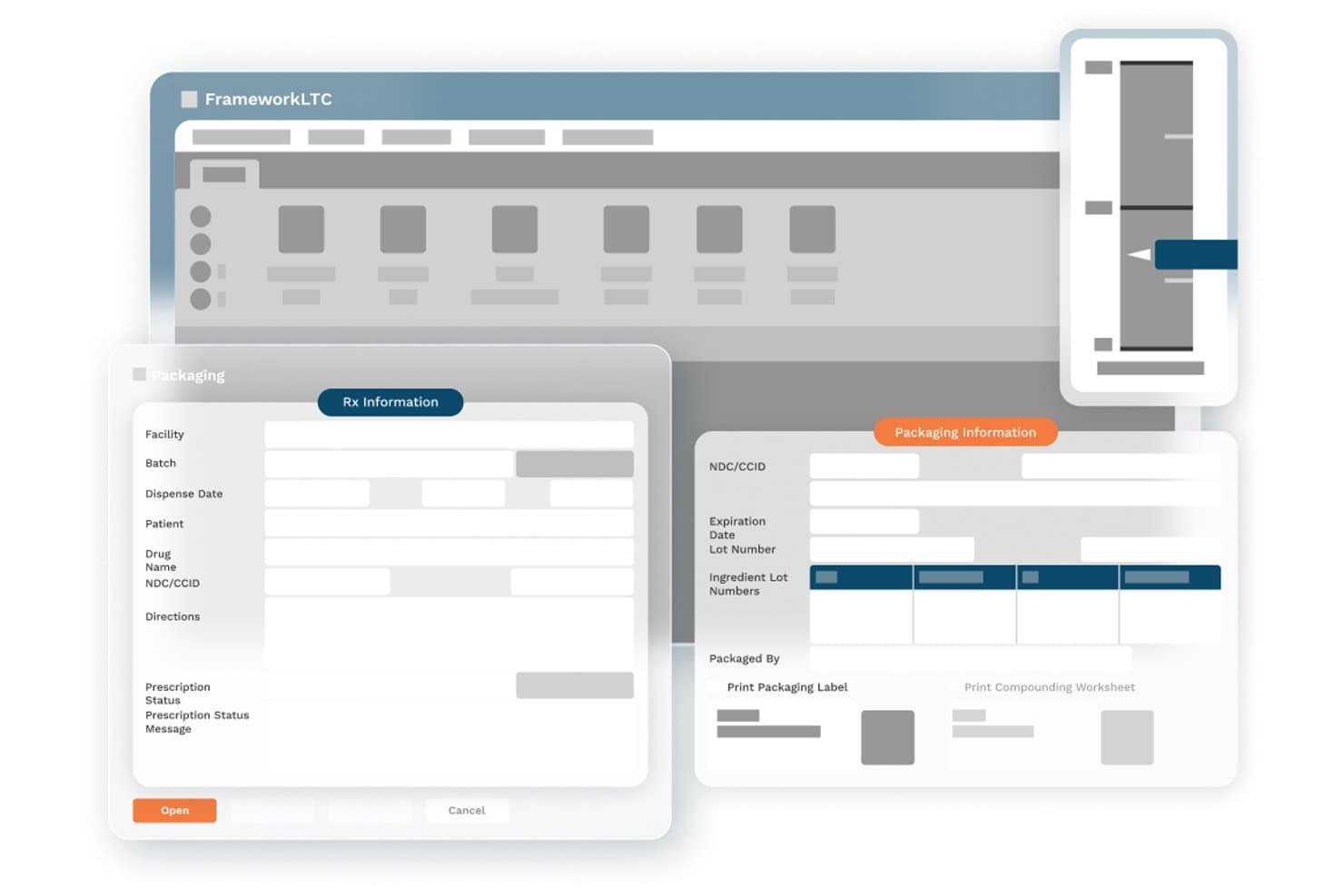 Apotheeksoftware van FrameworkLTC met de verpakkingsmodule en formulieren voor Rx- en verpakkingsinformatie.
