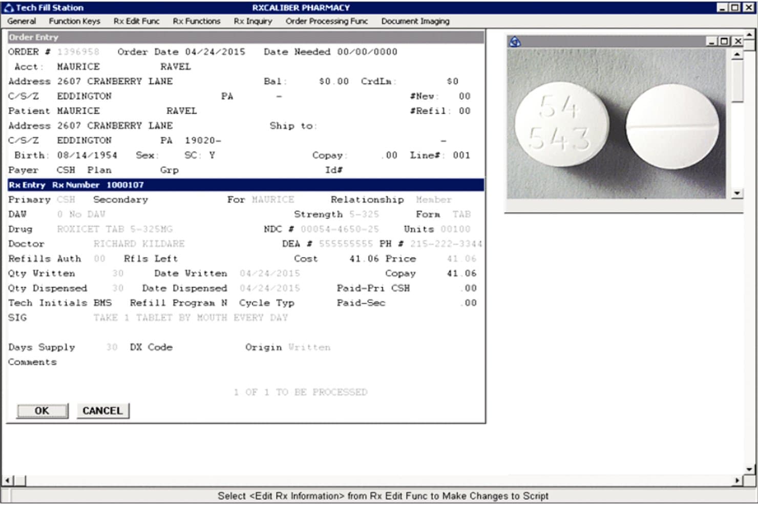 Scherm voor het invoeren van bestellingen in factureringssoftware voor apotheken, met receptgegevens en een afbeelding van een pil.