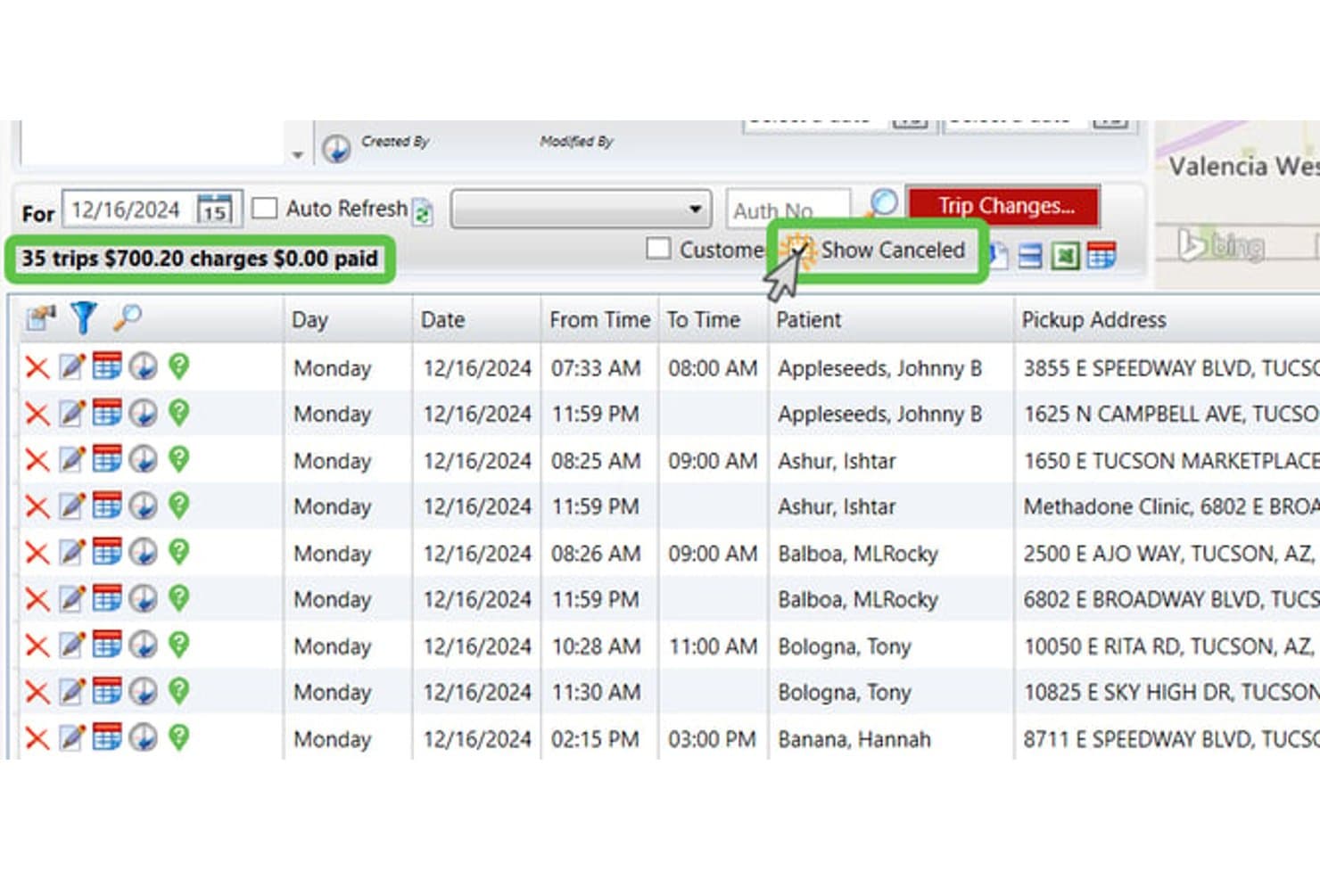 MediRoutes trip scheduling table showing 35 trips, $700.20 charges, patient names, dates, and pickup addresses.