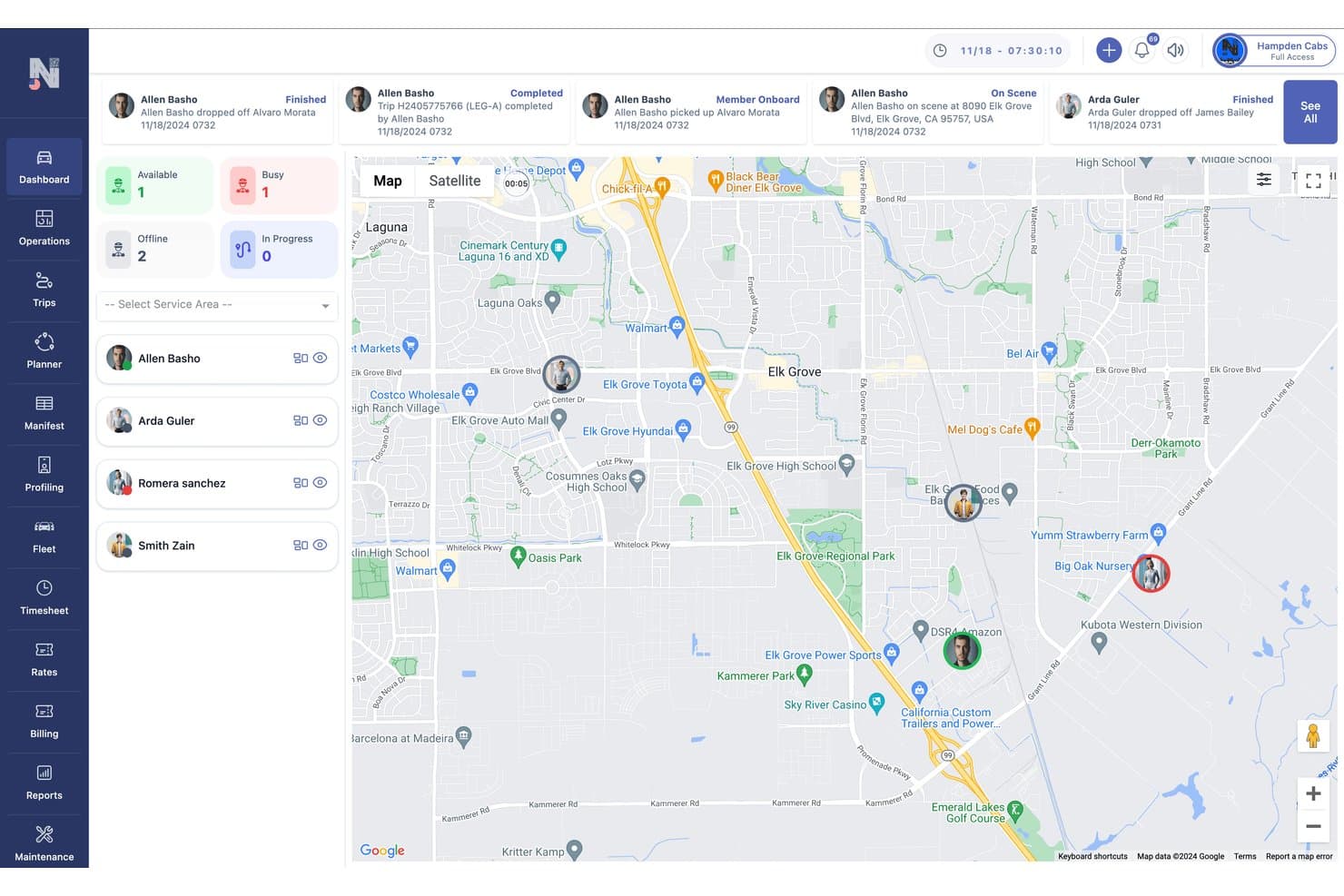Dashboard van het NEMT-platform met chauffeurstatussen, ritupdates en een livekaart in Elk Grove.