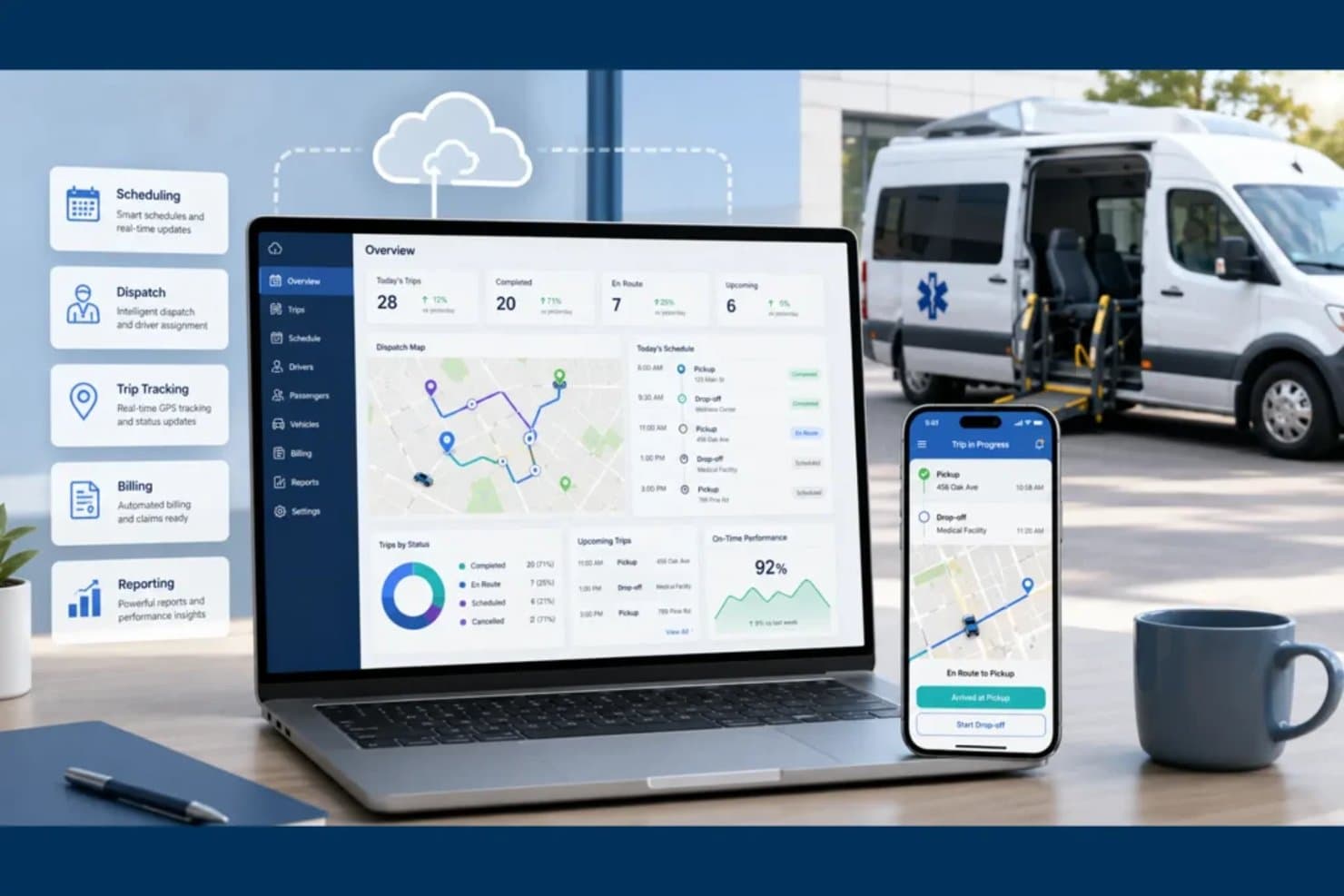 NEMT-softwaredashboard op laptop en telefoon waarop een dispatchkaart, ritstatus en 92% stiptheidsprestaties worden weergegeven.