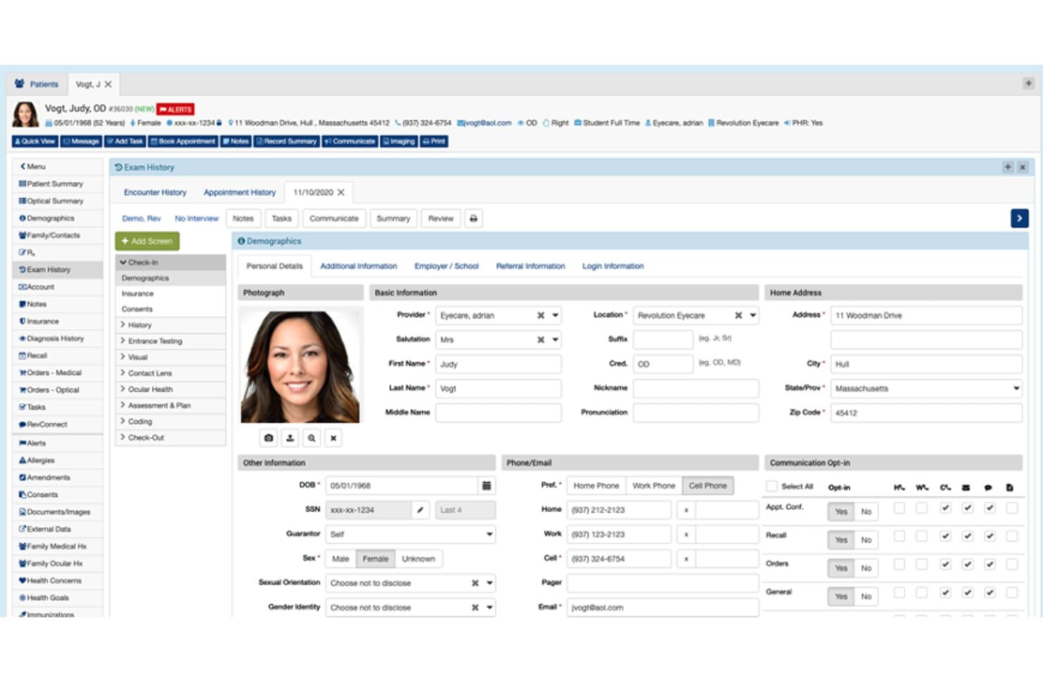 RevolutionEHR patient demographics screen showing personal details, contact info, and communication opt-in settings.