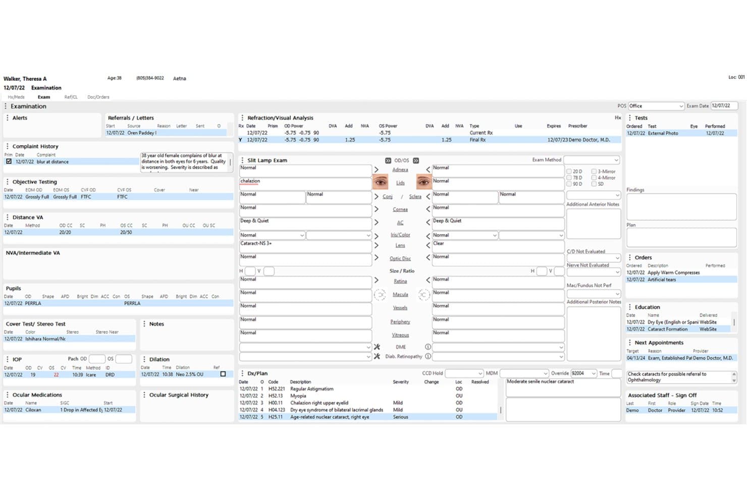 Compulink Advantage Eyecare EMR examination screen showing patient eye exam data and diagnoses