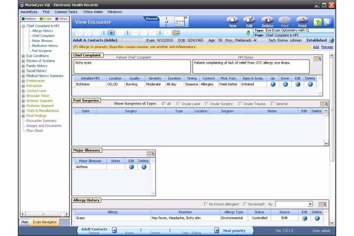 MaximEyes EHR screenshot showing patient encounter view with chief complaint, allergy, and illness fields.