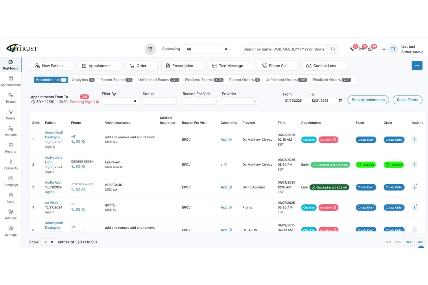 iTrust-dashboard voor optometrische EMR met een afsprakenlijst met patiëntgegevens, zorgverleners en statusknoppen.