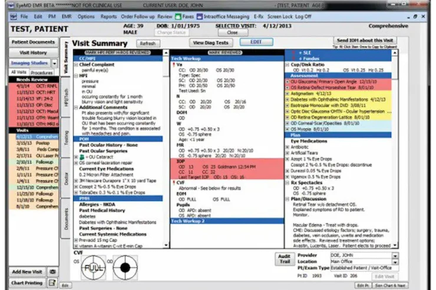 Skærmbillede af EyeMD EMR's oversigt over besøg med patientjournal, diagnostik og vurderingsfelter.