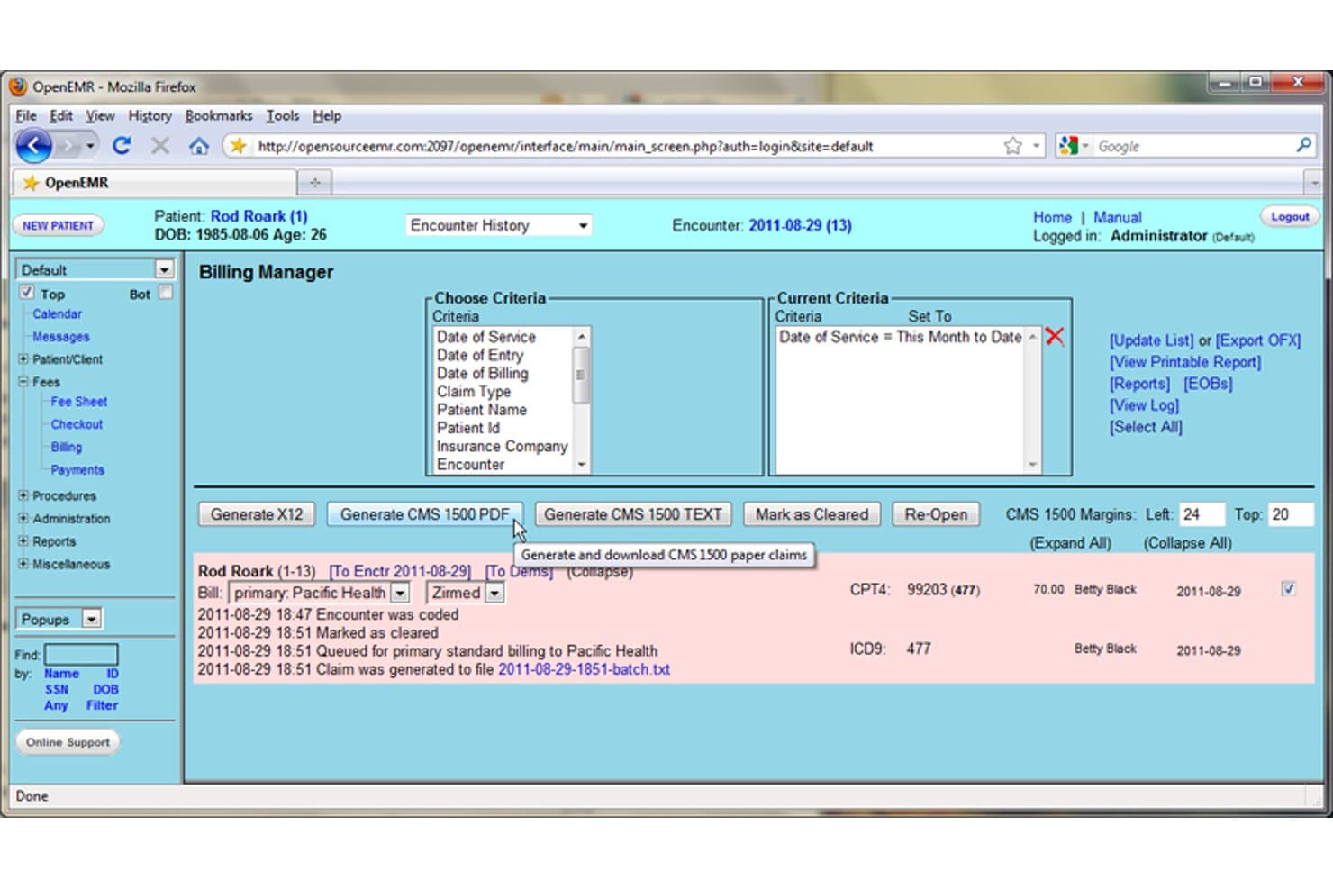 OpenEMR Billing Manager screen showing CMS 1500 claim generation and patient billing status.