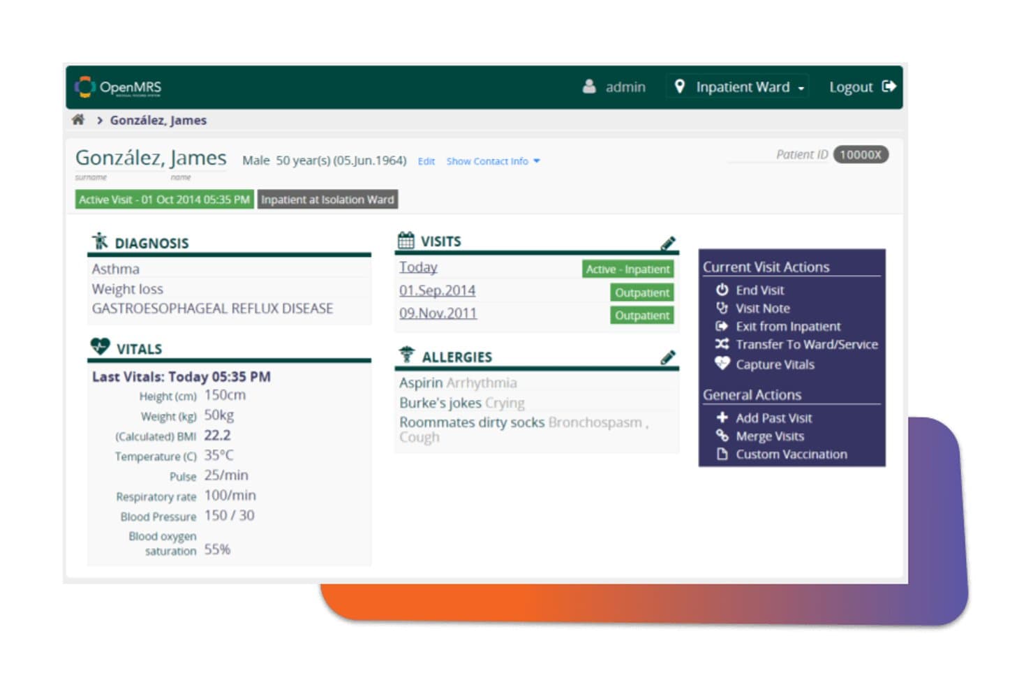 OpenMRS patient dashboard showing diagnoses, vitals, visits, allergies, and current visit actions.