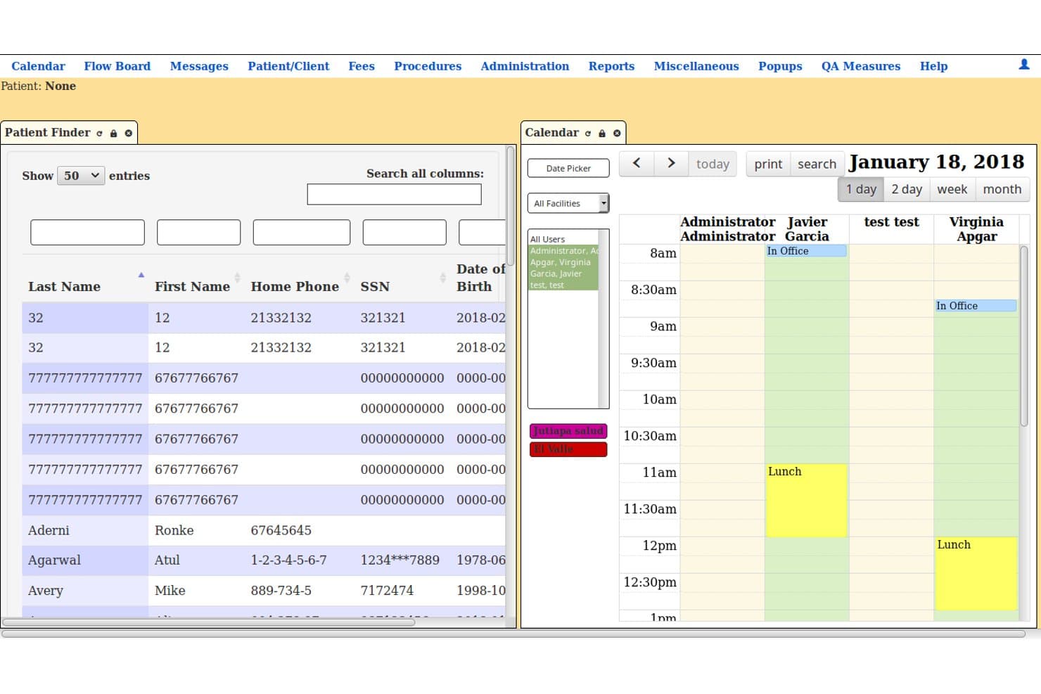 LibreHealth EHR screen showing Patient Finder list and January 18, 2018 calendar with provider columns.