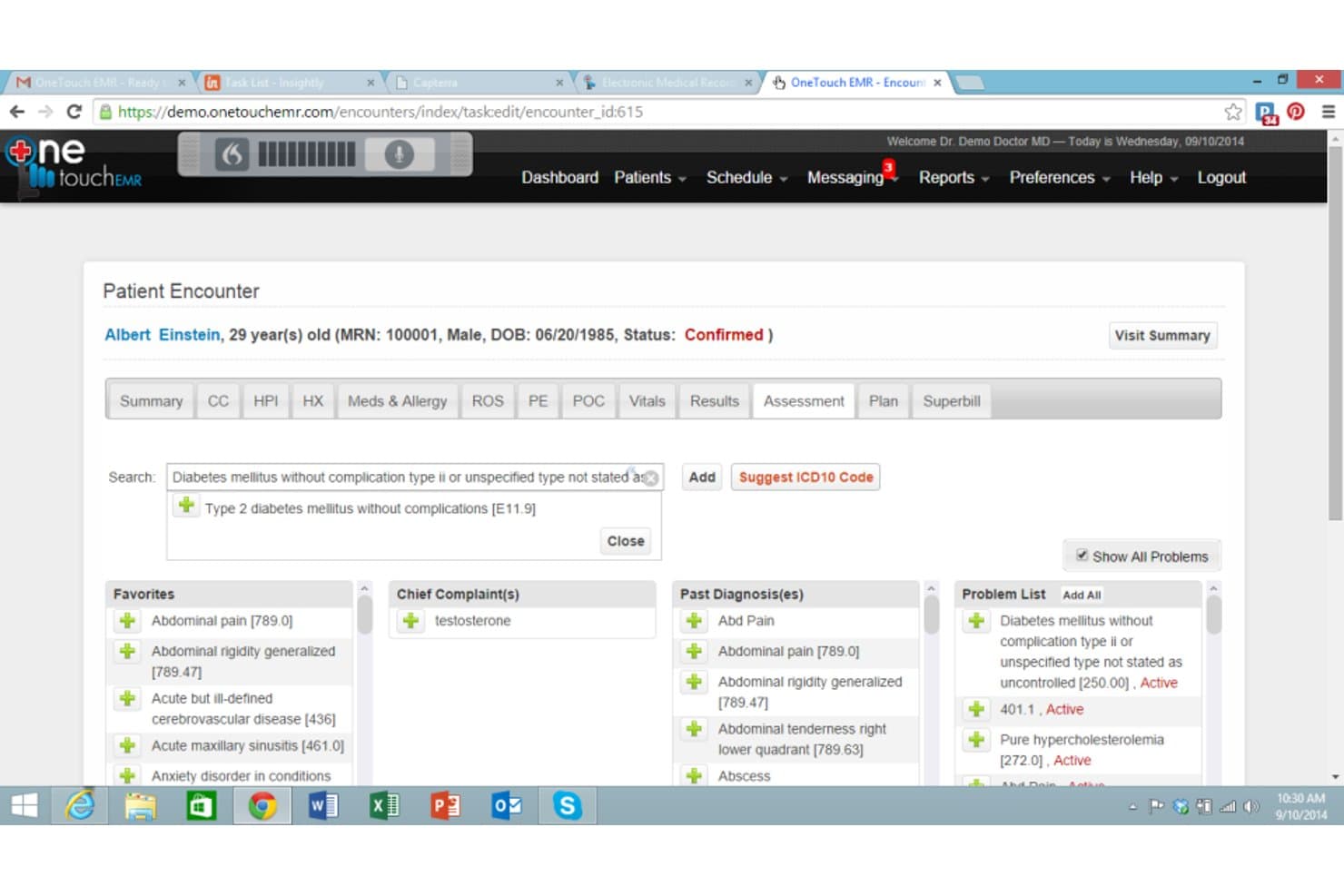 Onetouch EMR patient encounter screen showing ICD-10 diagnosis search and problem list.