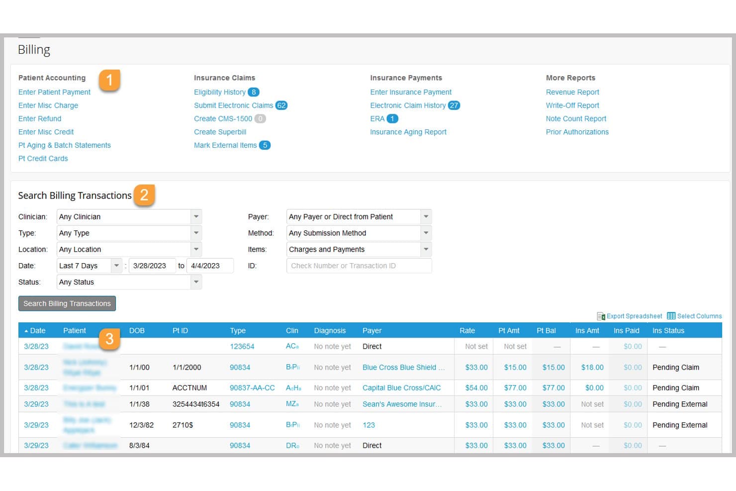TherapyNotes billing dashboard showing transaction search filters and insurance claim statuses.