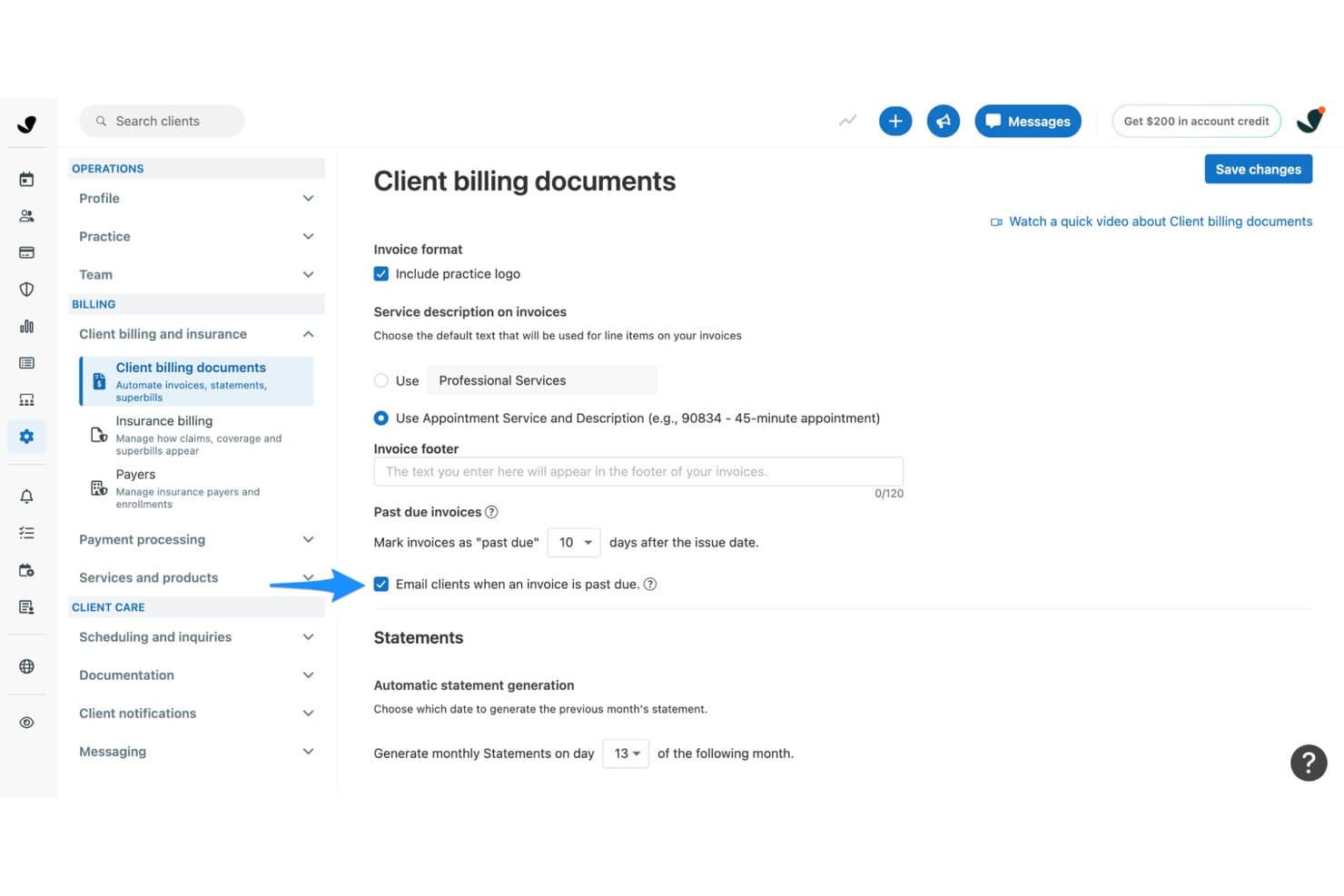 SimplePractice client billing documents settings page showing invoice and statement configuration options.
