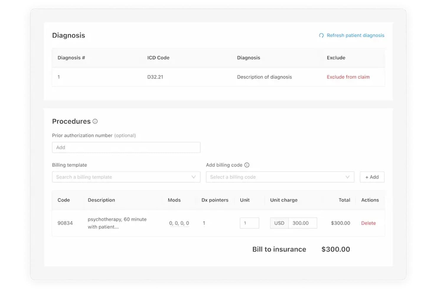Osmind billing screen showing diagnosis ICD code, procedure code 90834, and $300 insurance bill.