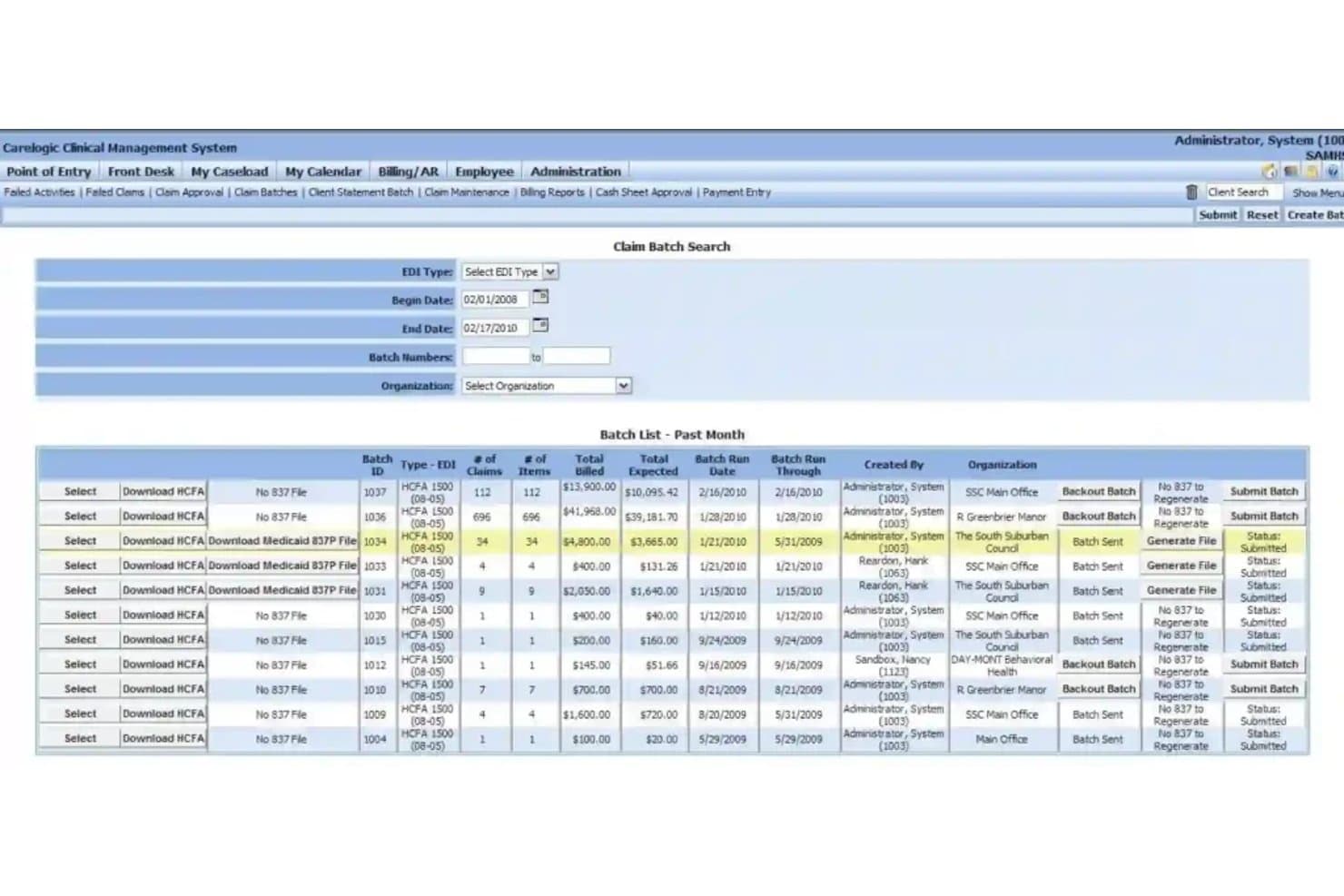 Scherm voor het zoeken naar claimbatches in Qualifacts CareLogic met een EDI-batchlijst en factureringstotalen.