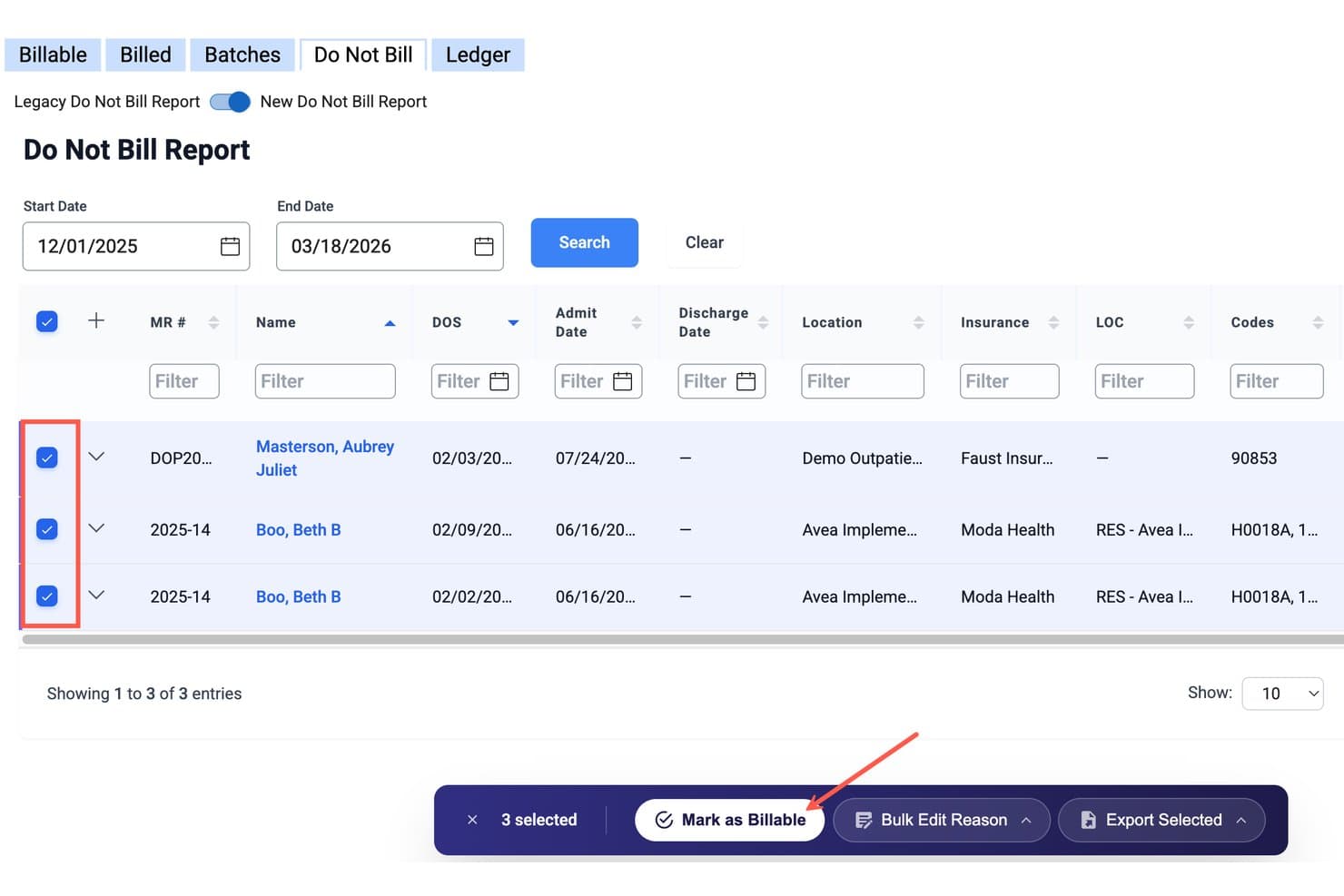 Kipu Do Not Bill Report screen with three selected entries and Mark as Billable button highlighted