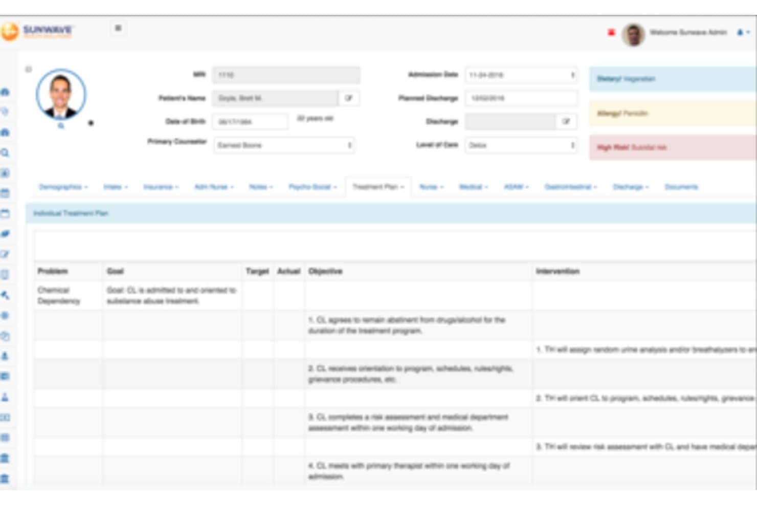 Sunwave Individual Treatment Plan form showing patient info, goals, and treatment objectives.
