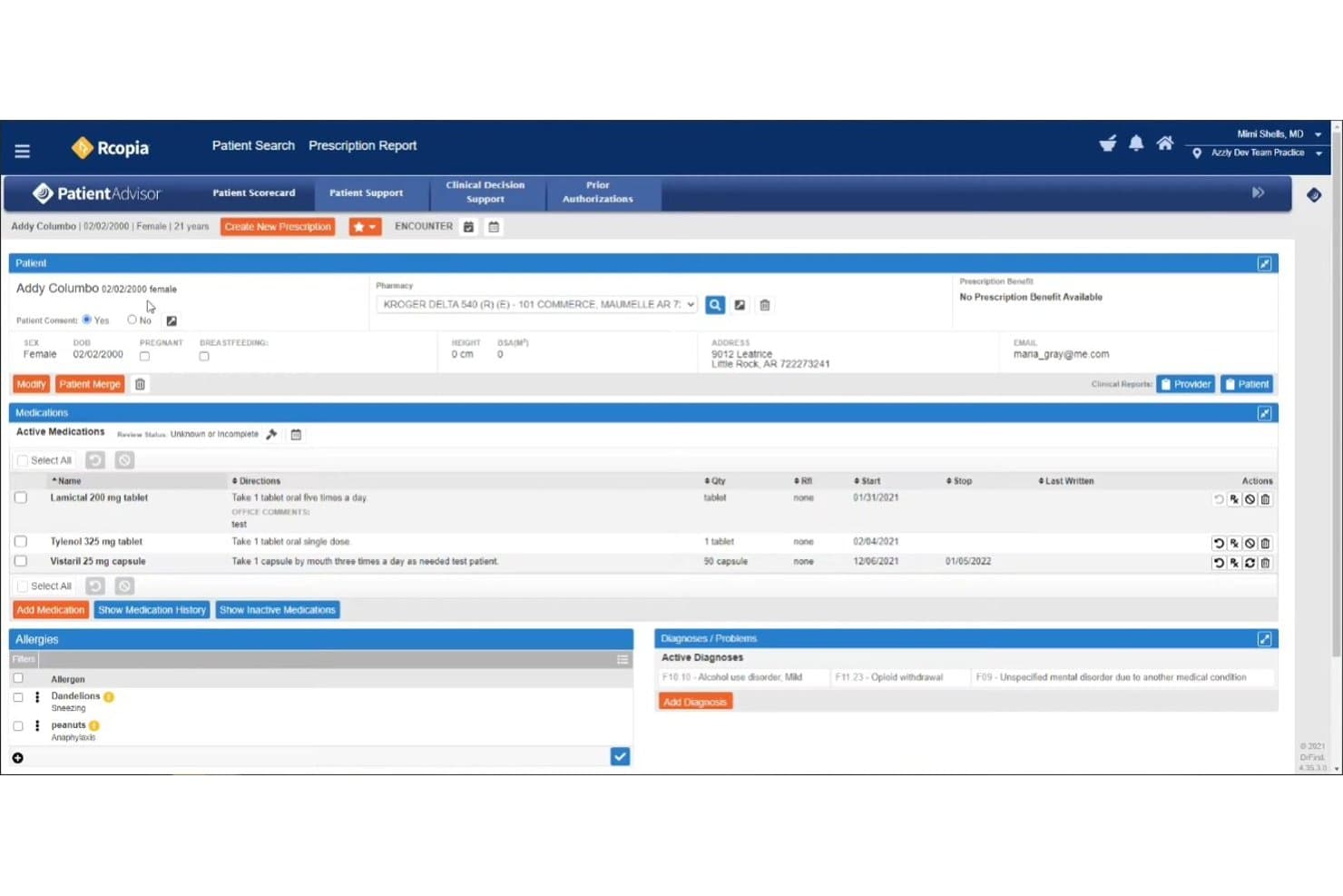 AZZLY Rize patient dashboard showing medications, allergies, and substance abuse diagnoses
