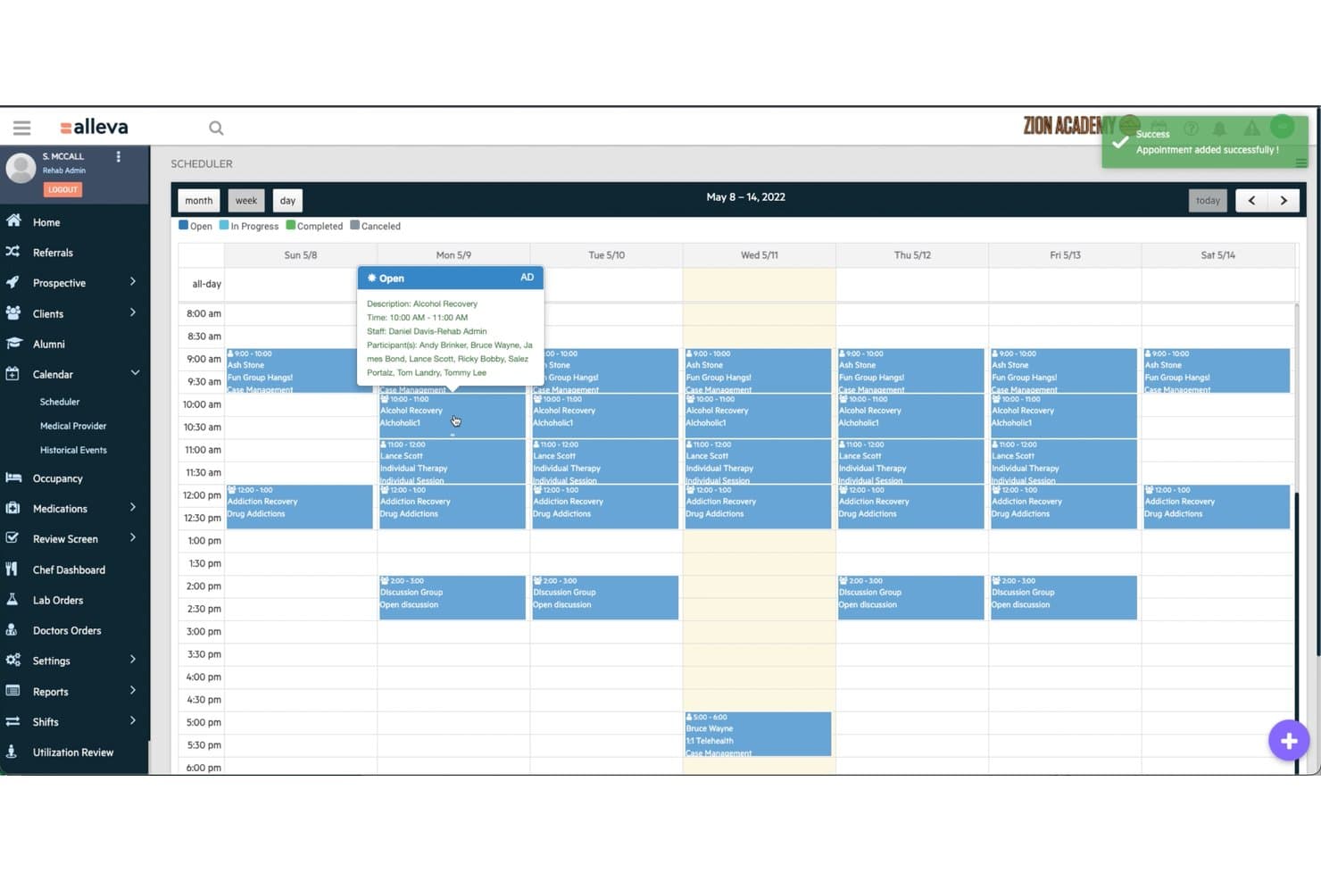 Alleva weekly scheduler showing therapy sessions and appointment details popup for May 2022.