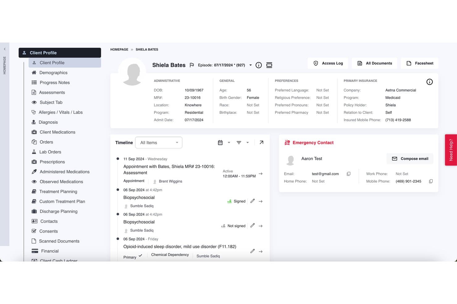 Lightning Step client profile screen showing insurance, demographics, and treatment timeline.