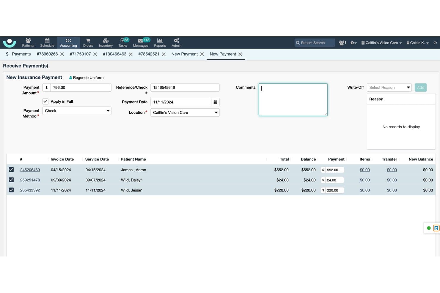 RevolutionEHR insurance payment screen showing payment amount, method, and three patient invoice rows.