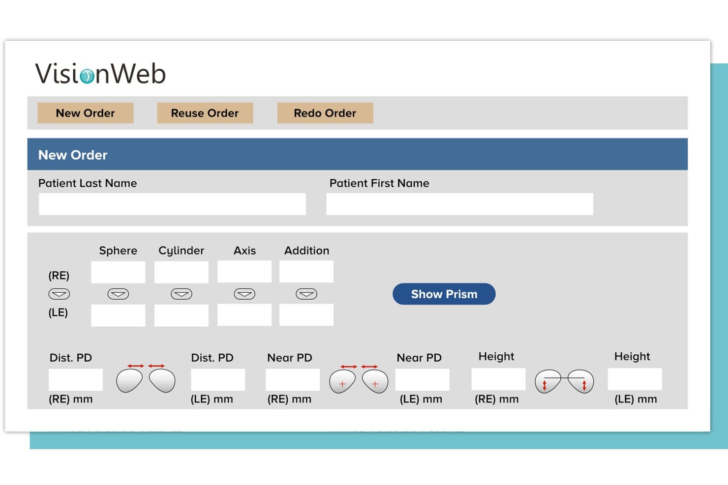 Nieuw bestelformulier van VisionWeb met velden voor patiëntnaam, recept en PD-meting.