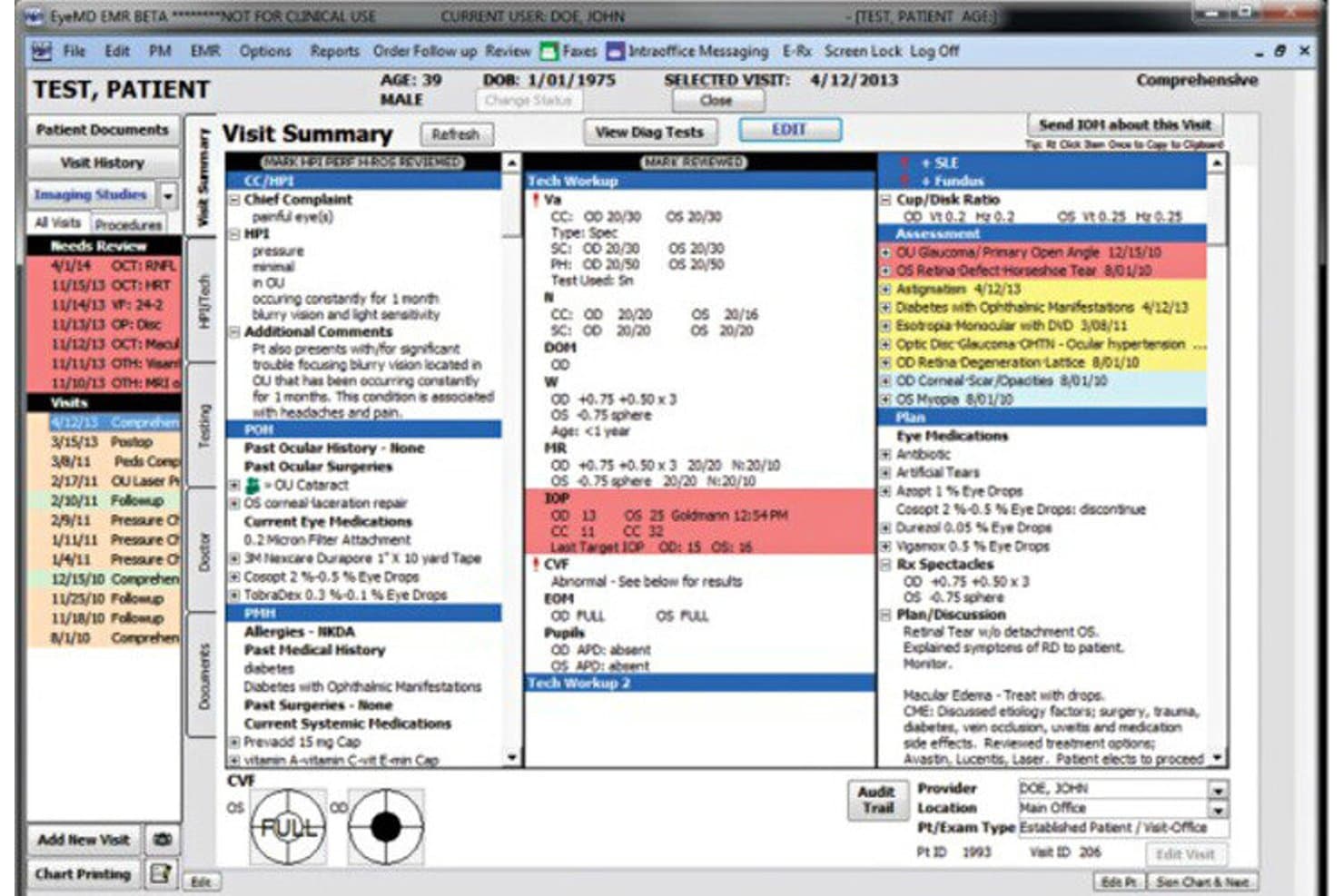 EyeMD EMR-dashboard voor patiëntbezoeken met onderzoeksbevindingen van het oog, medische voorgeschiedenis, diagnoses, medicatie en zorgplannen