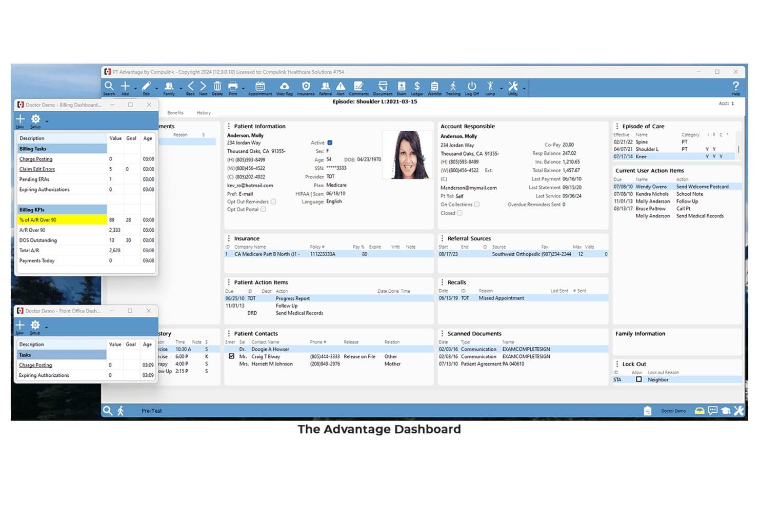 Compulink PT Advantage-dashboard met panelen voor patiëntfacturering, verzekering en zorgtraject.