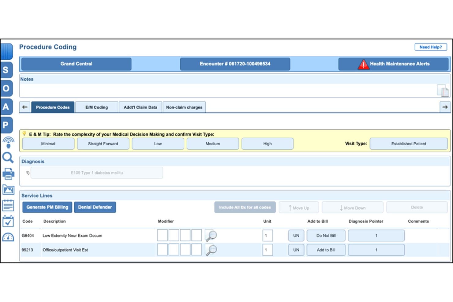 Scherm voor procedurecodering van NextGen Office met E&M-codering, een diagnose van diabetes type 1 en podotherapeutische declaratiecodes G8404 en 99213.