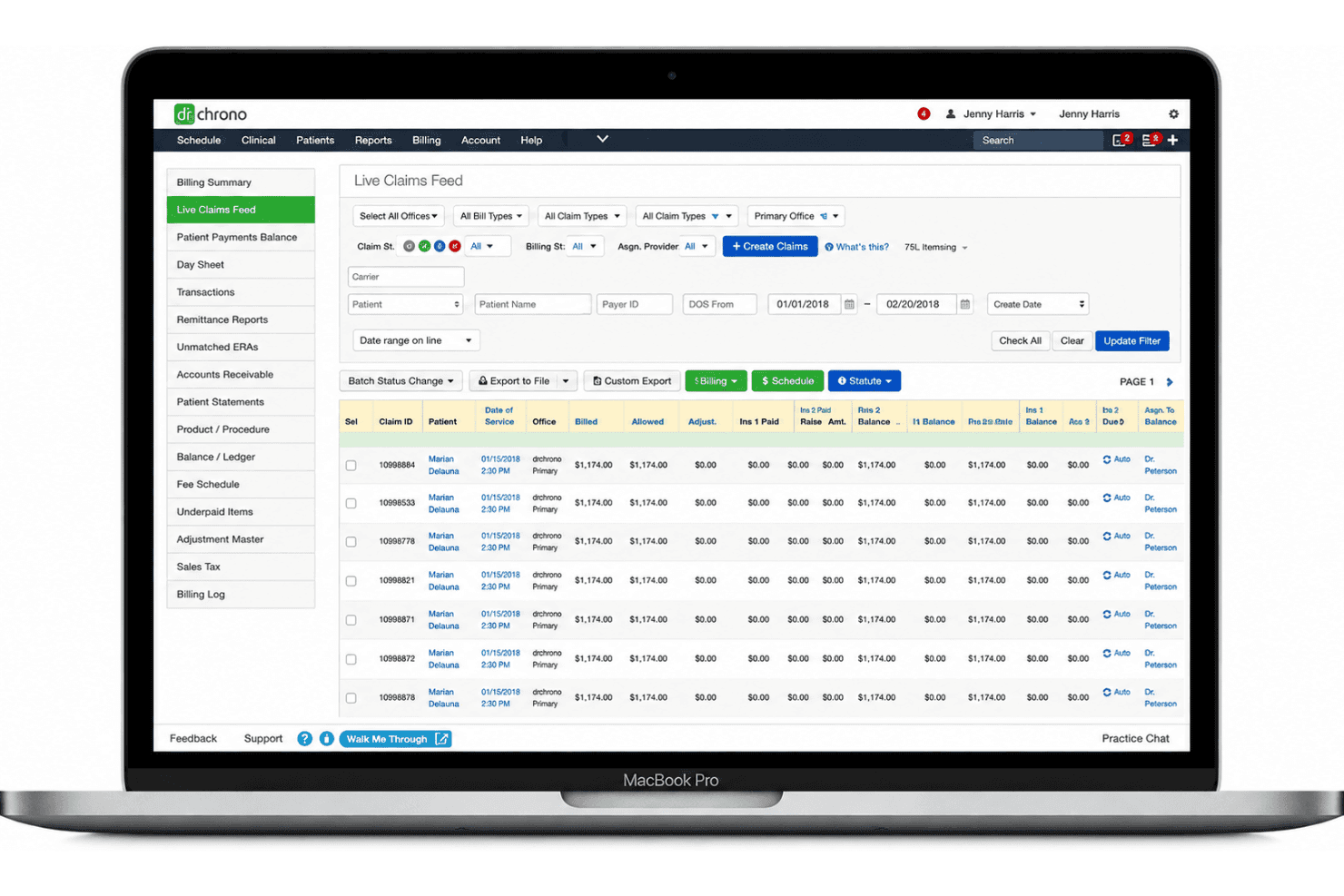 DrChrono offers a Live Claims Feed dashboard that displays billing claim statuses, amounts, and patient details in a structured table view on Mac.