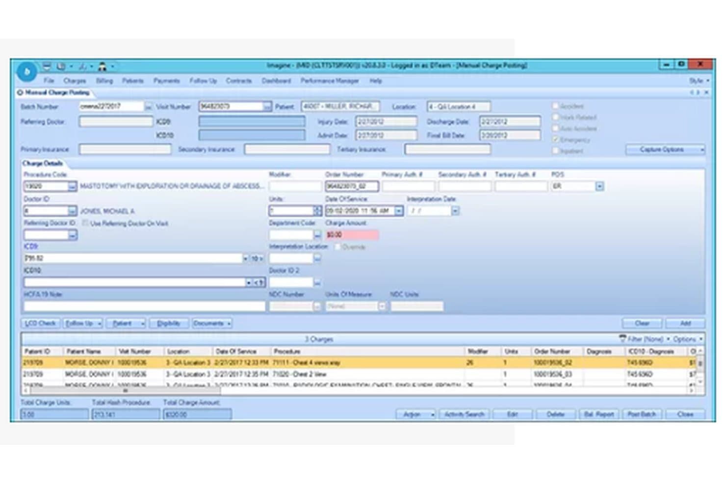 Imagine Software manual charge posting form showing procedure codes, doctor fields, and patient charge list.