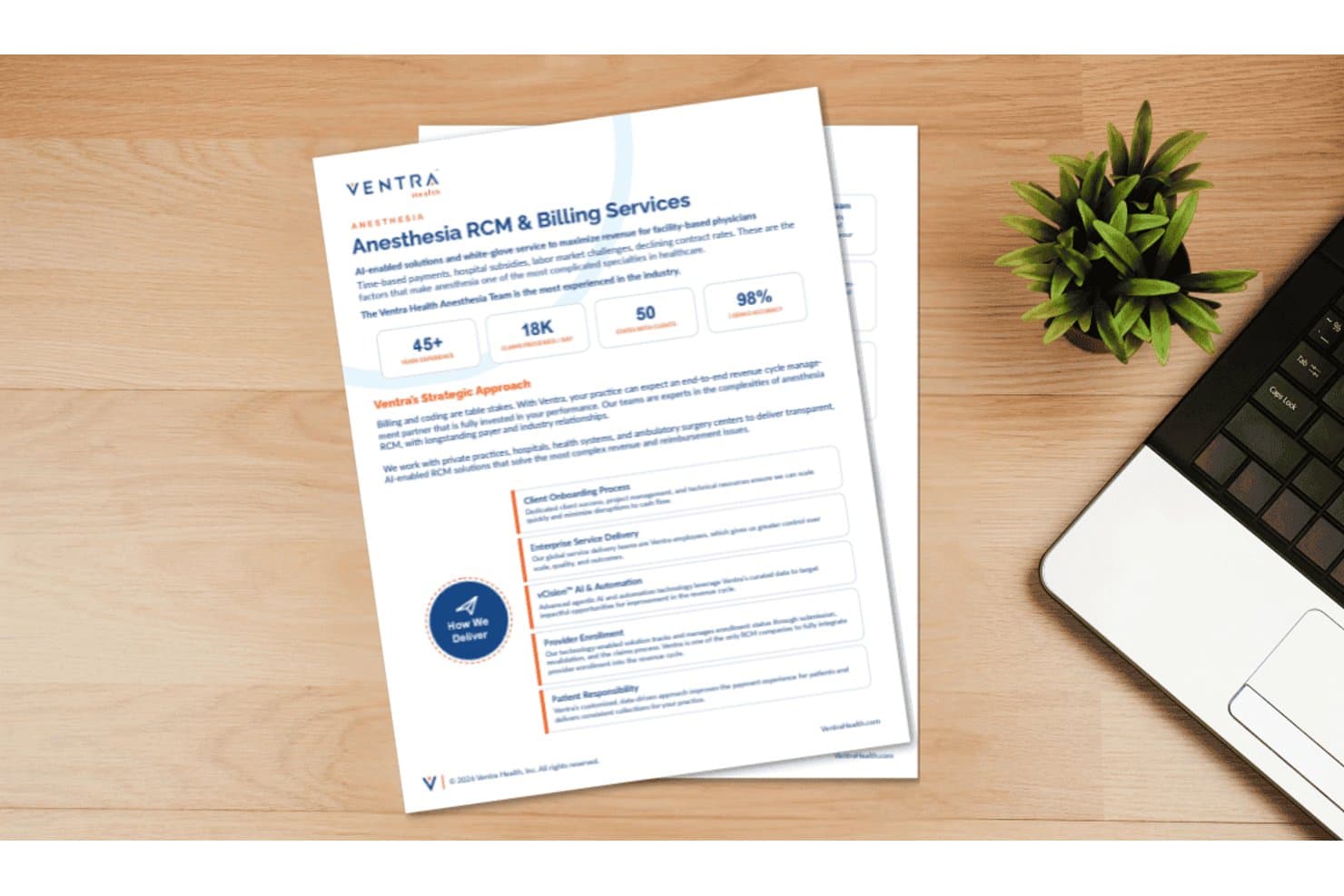 Ventra Health brochure for Anesthesia RCM and Billing Services on a wooden desk