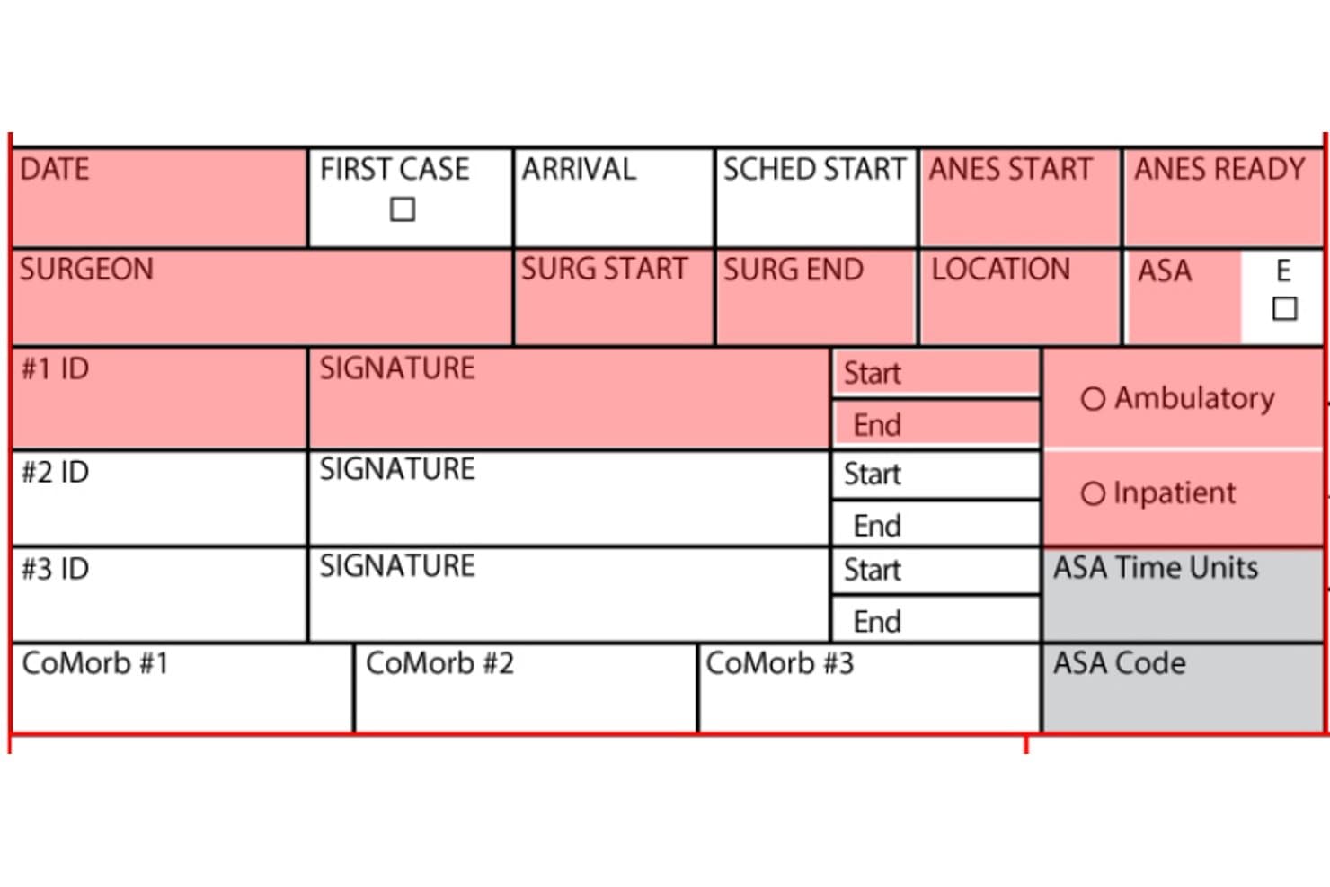 Formulier voor anesthesiefacturatie met velden voor datum, chirurg, patiënt-ID's, ASA-code en comorbiditeiten.