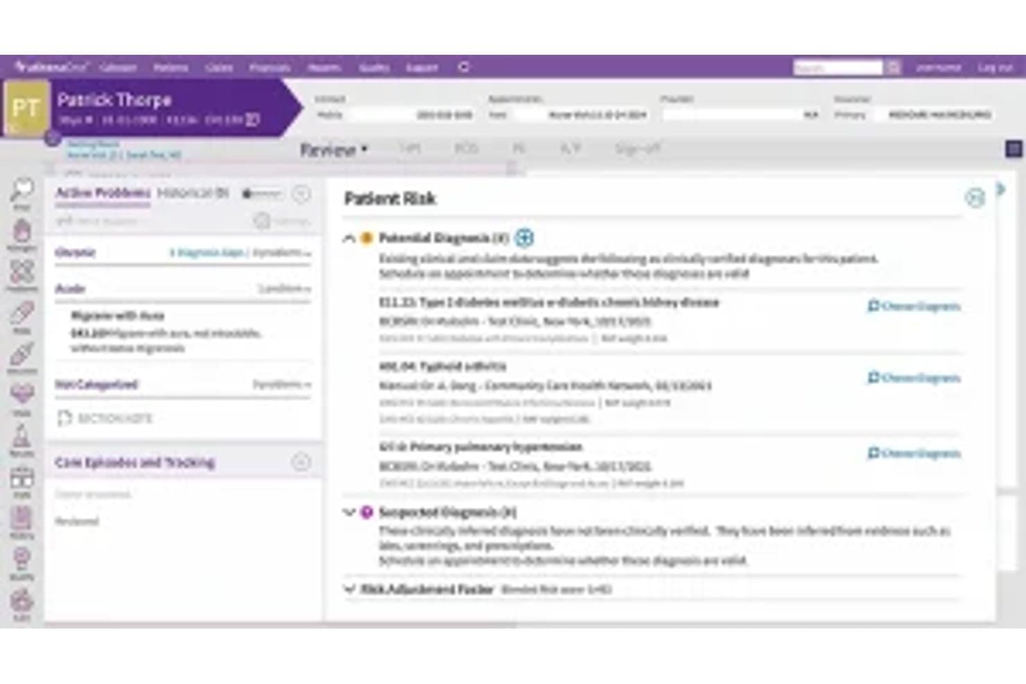 Historia clínica electrónica de Athenahealth que muestra posibles diagnósticos y el panel de problemas activos.