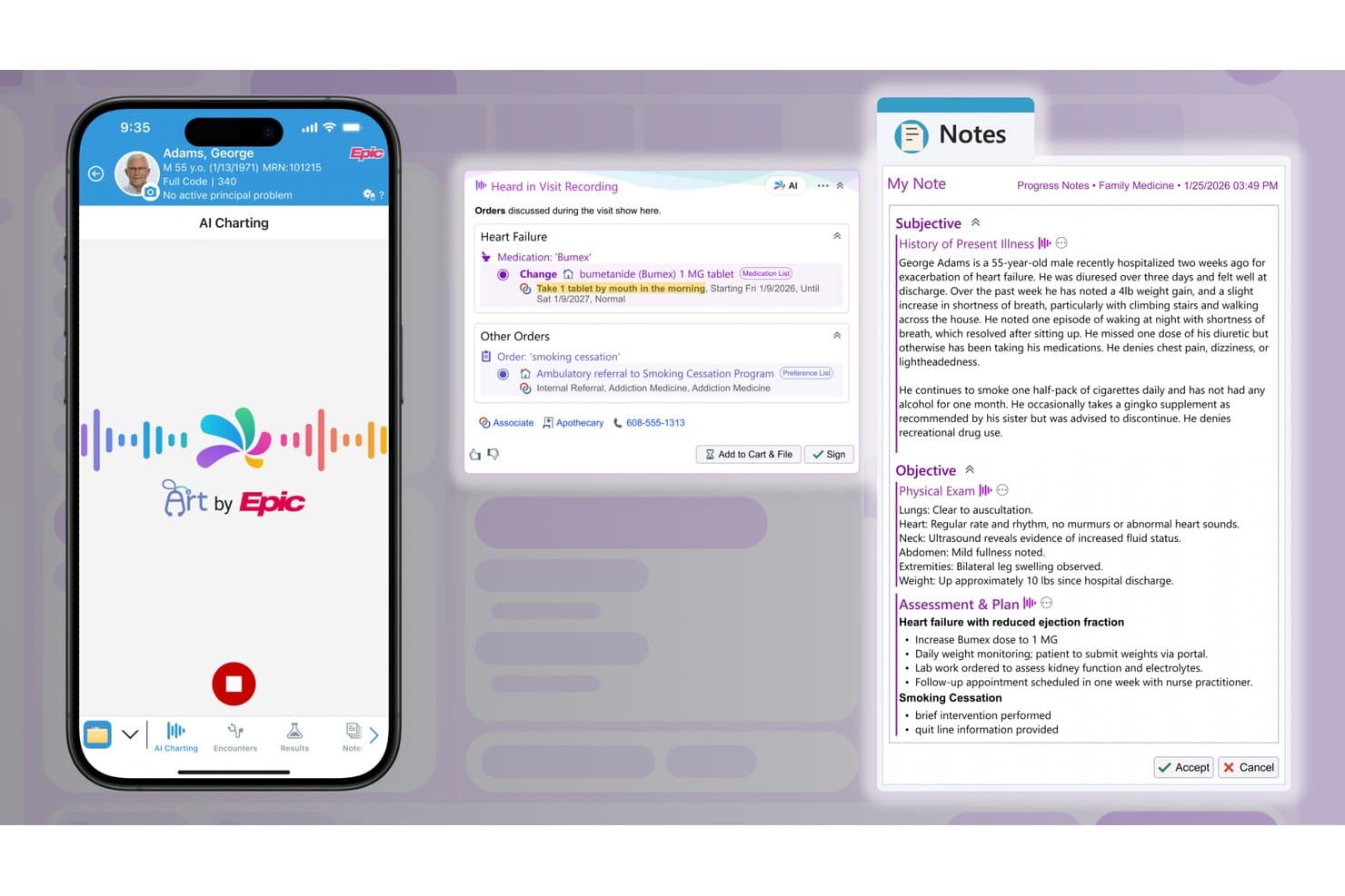 Epic EPD-app voor iPad met AI-verslaglegging, opdrachten voor het opnemen van bezoeken en een klinische voortgangsnotitie.