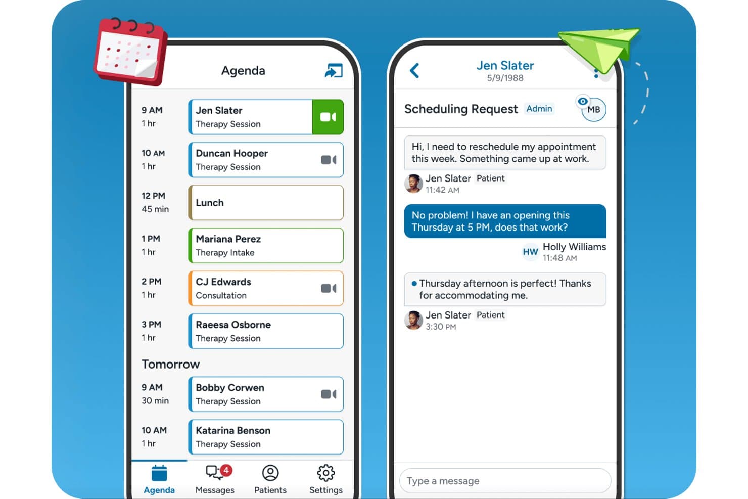 TherapyNotes iPad-app met een dagelijkse agendaweergave en chatinterface voor het verzetten van patiëntafspraken.