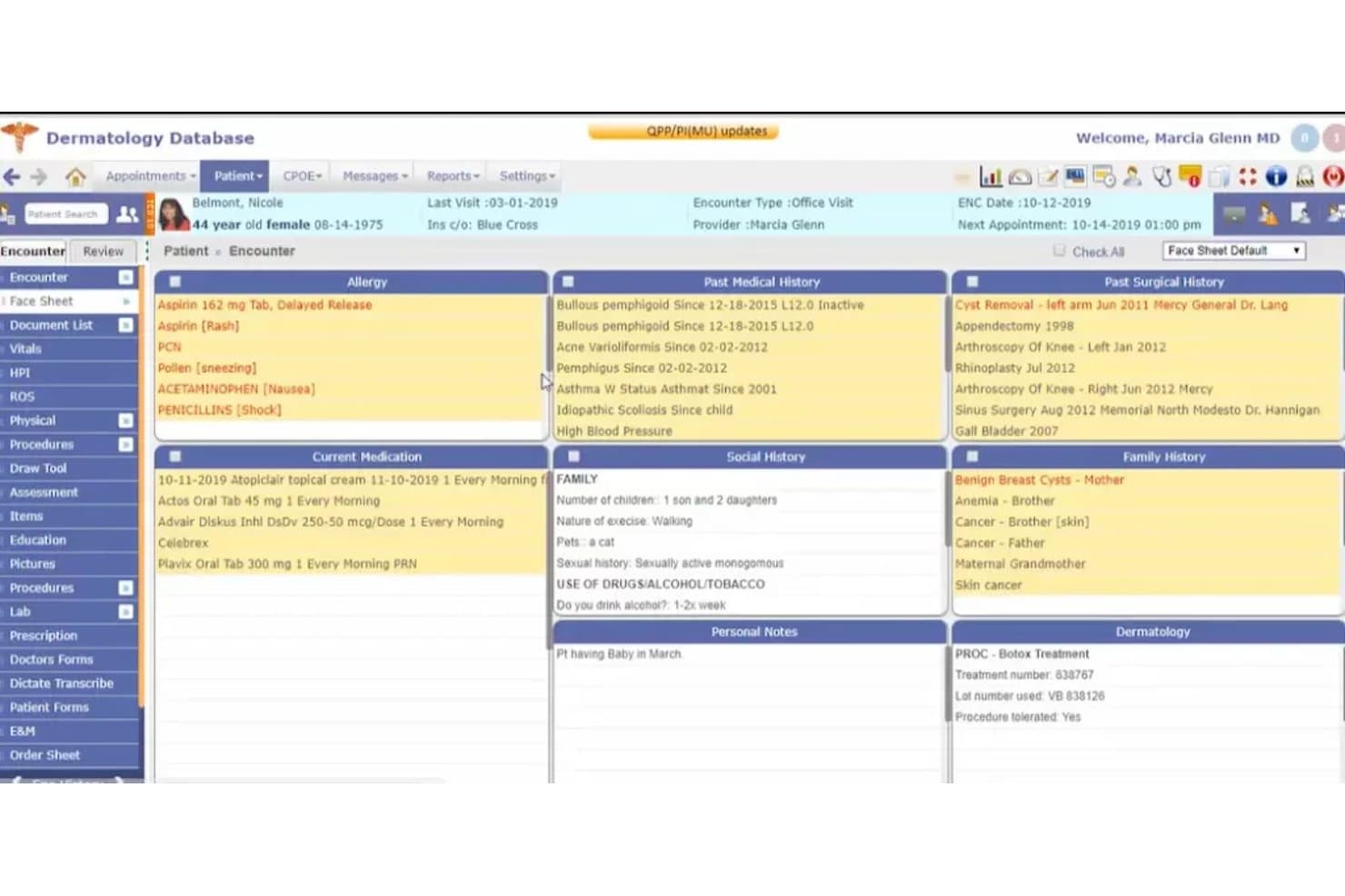 Scheda anagrafica di Compulink Dermatology Advantage EHR che mostra il pannello di controllo delle cartelle cliniche dei pazienti con diversi riquadri di dati.