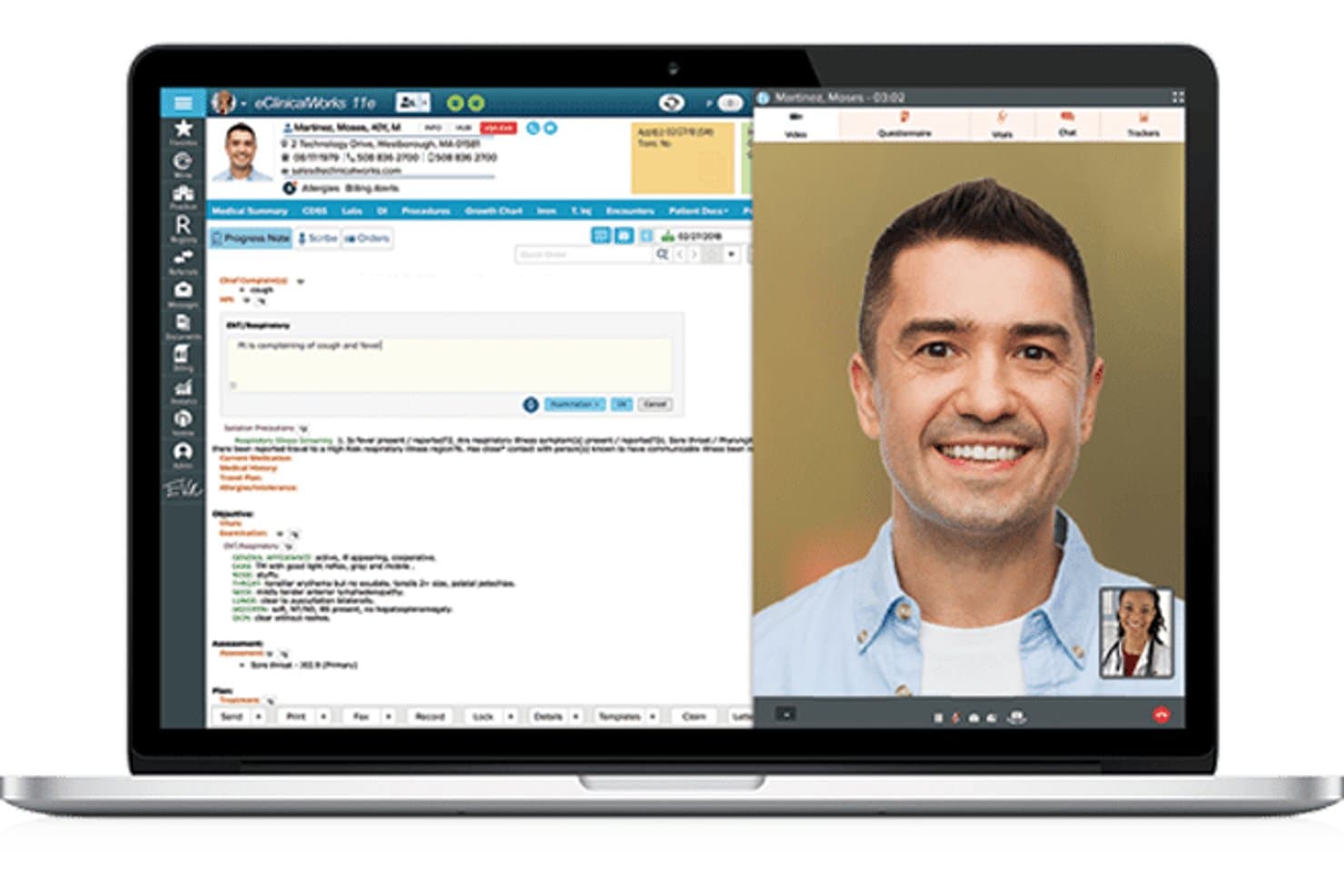 Schermata di telemedicina di eClinicalWorks che mostra il modulo della nota sullo stato di avanzamento e una videochiamata con il paziente su un laptop.