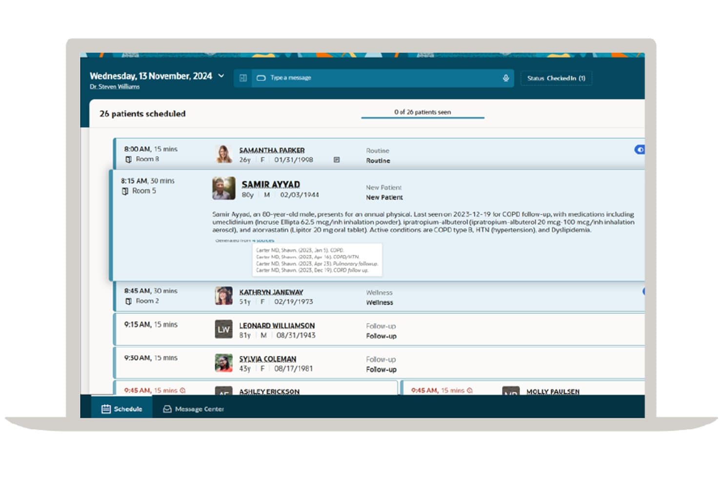 Oracle Health EHR-Bildschirm zur Terminplanung mit Patientenliste und von KI generierten klinischen Zusammenfassungen.
