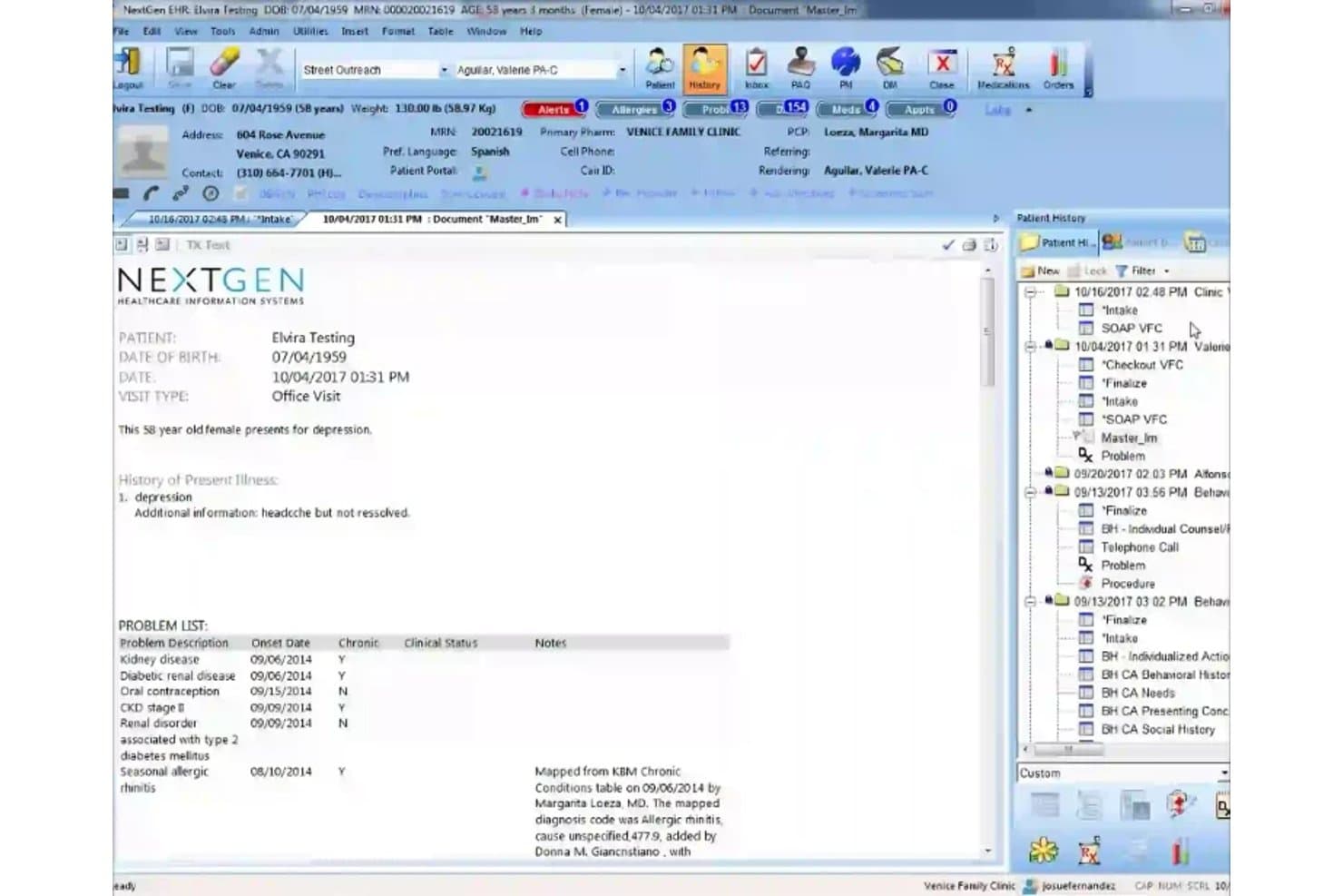 NextGen Healthcare EHR-Bildschirm mit klinischer Patientennotiz, der Problemliste und Bereich mit Besuchsverlauf zeigt.
