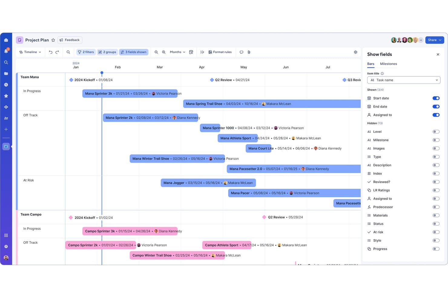 Vue chronologique du plan de projet Smartsheet avec le panneau Afficher les champs ouvert à droite