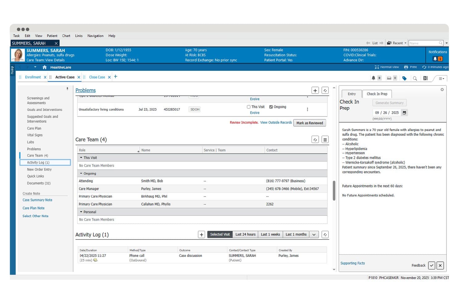 Oracle Health EMR showing patient care team, problem list, activity log, and check-in prep summary panel.