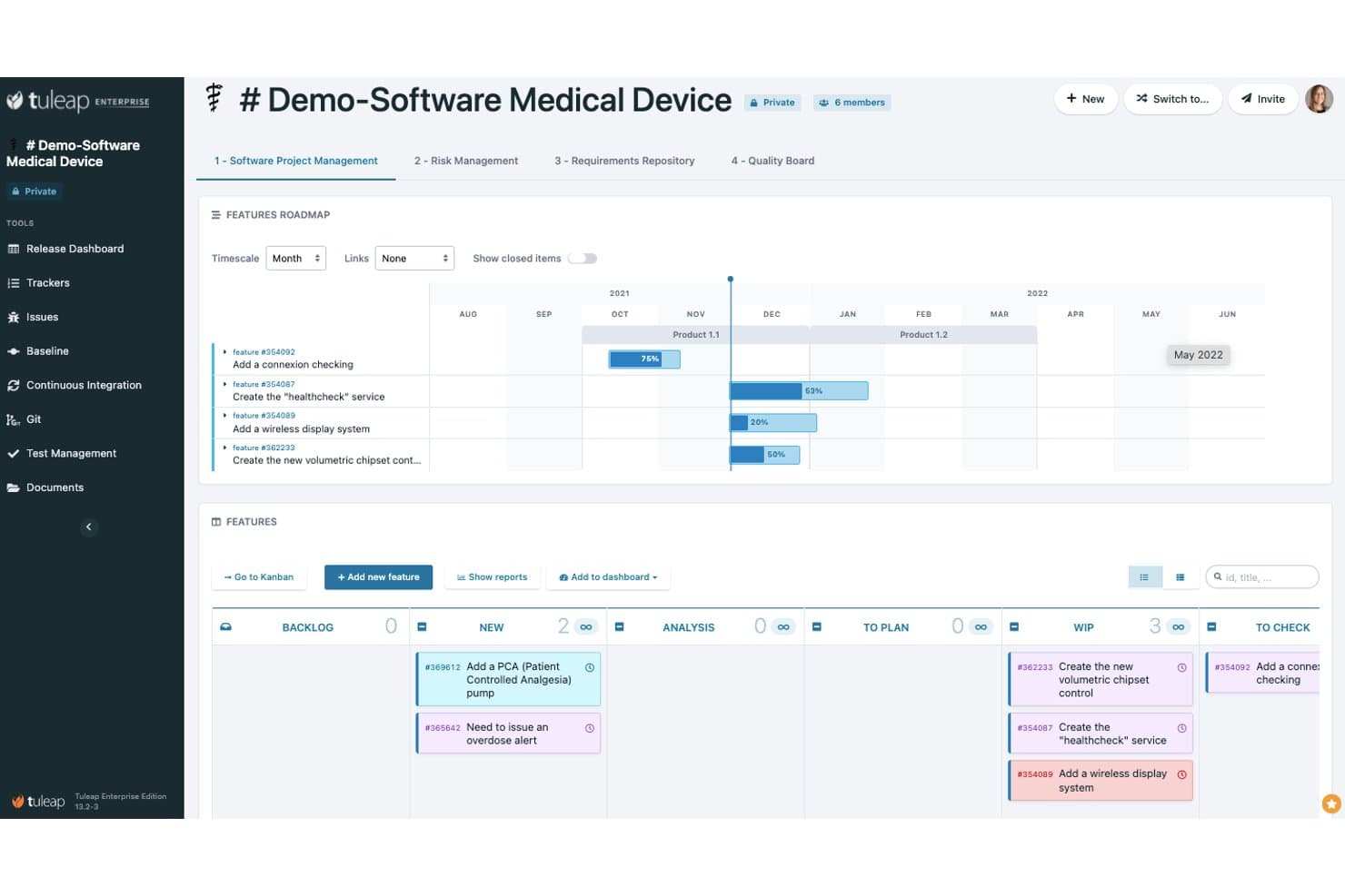 Tableau de bord du projet Tuleap Demo-Software Medical Device affichant la feuille de route des fonctionnalités et le tableau Kanban.