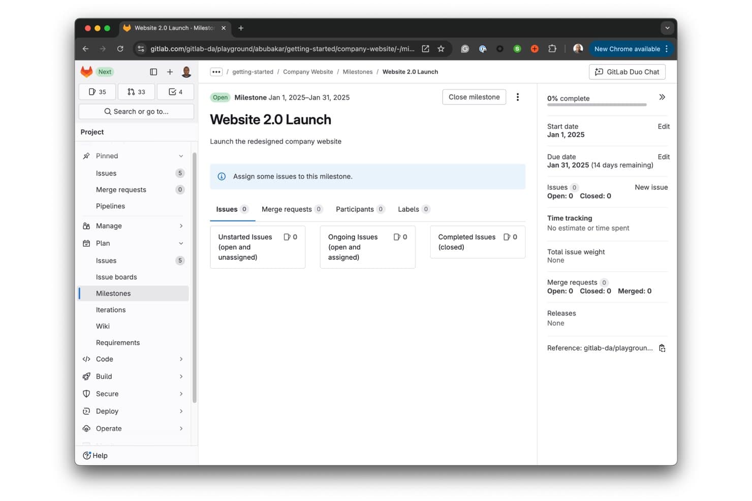 Page de jalon GitLab pour le lancement du site Web 2.0 affichant une progression de 0 %, une plage de dates et des tableaux de tickets vides.