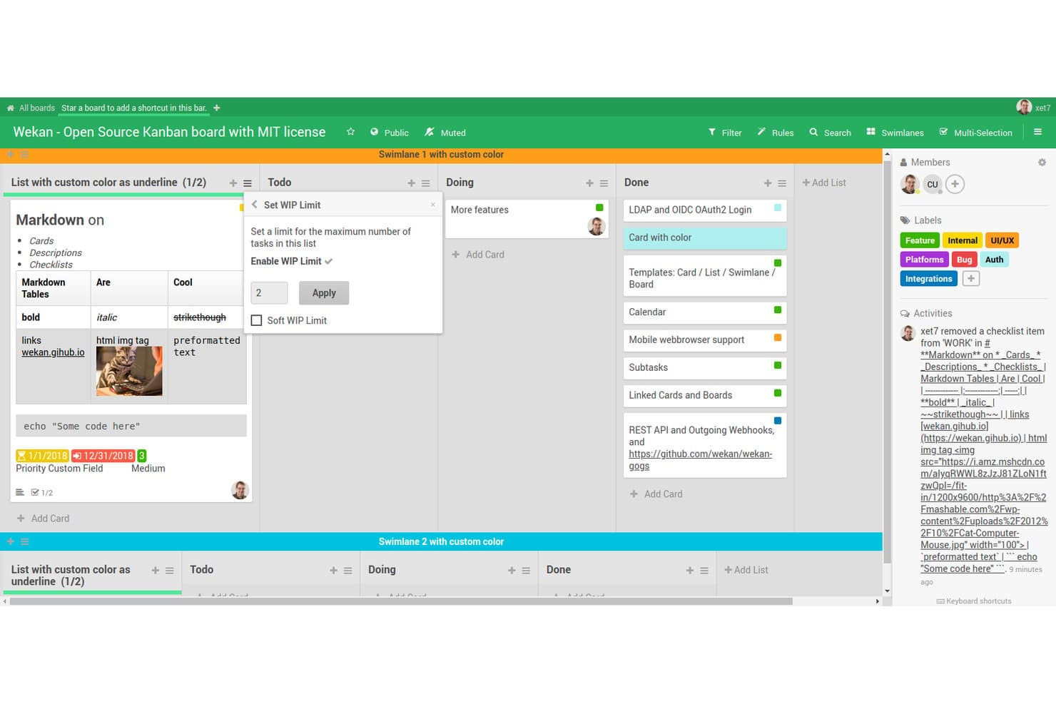 Tableau Kanban Wekan affichant des couloirs de nage, une boîte de dialogue de limite d’éléments en cours, une carte en Markdown et des listes de tâches codées par couleur.